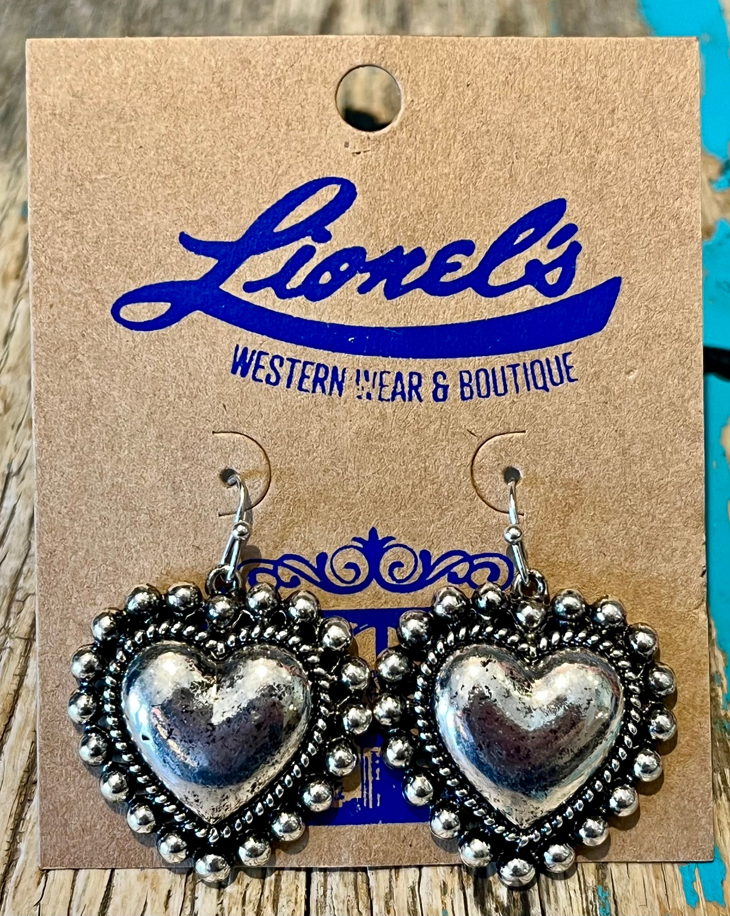 Studded Silver Heart Drop Earrings