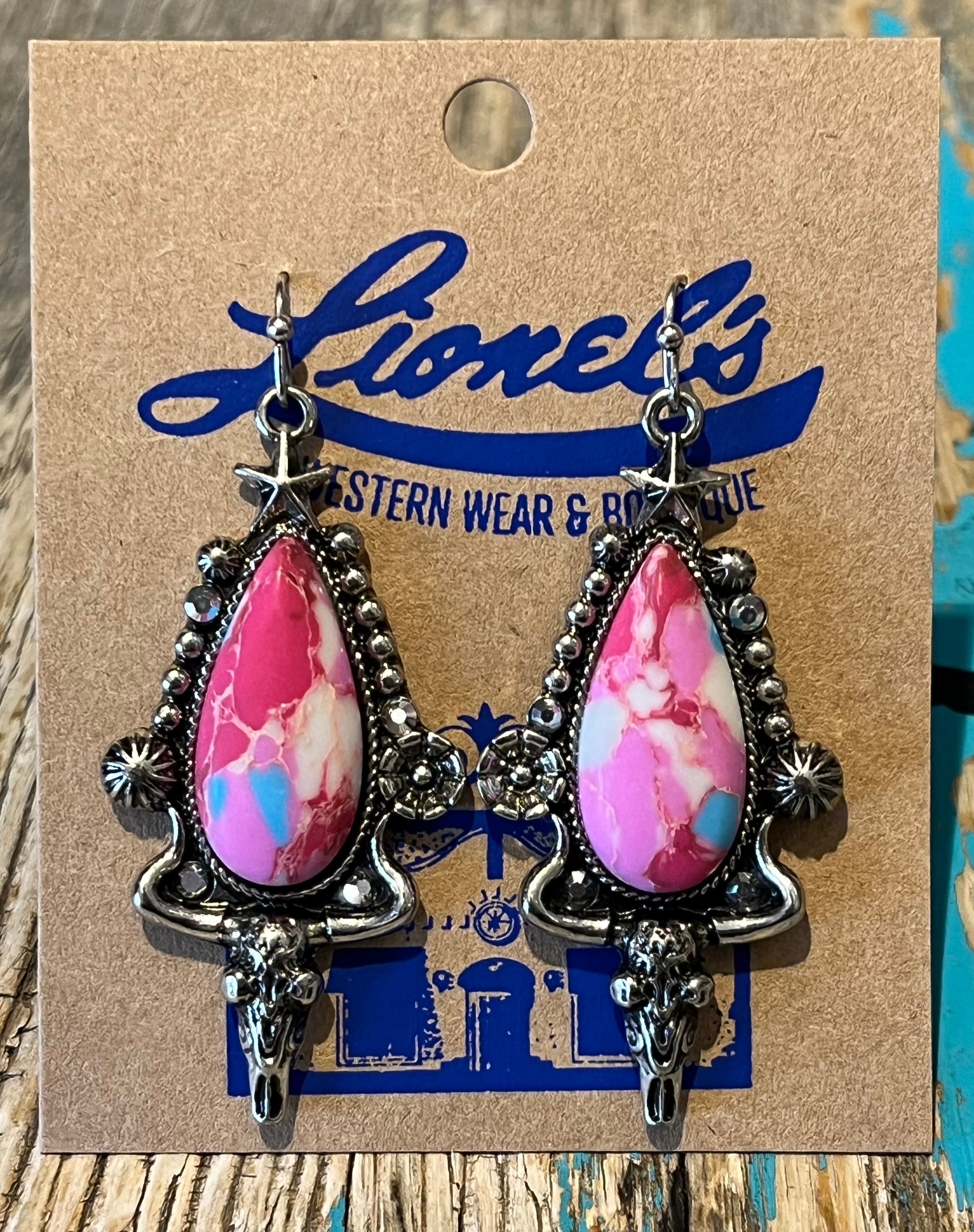 Pink-Turquoise Look Longhorn Drop Earrings