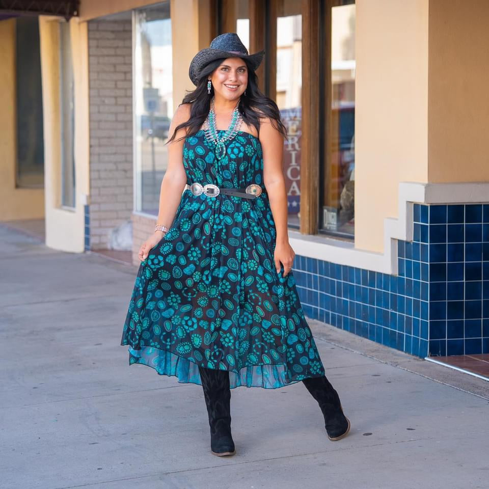 Turquoise Concho & Squash Blossoms on Black Mesh Dress or Maxi Skirt