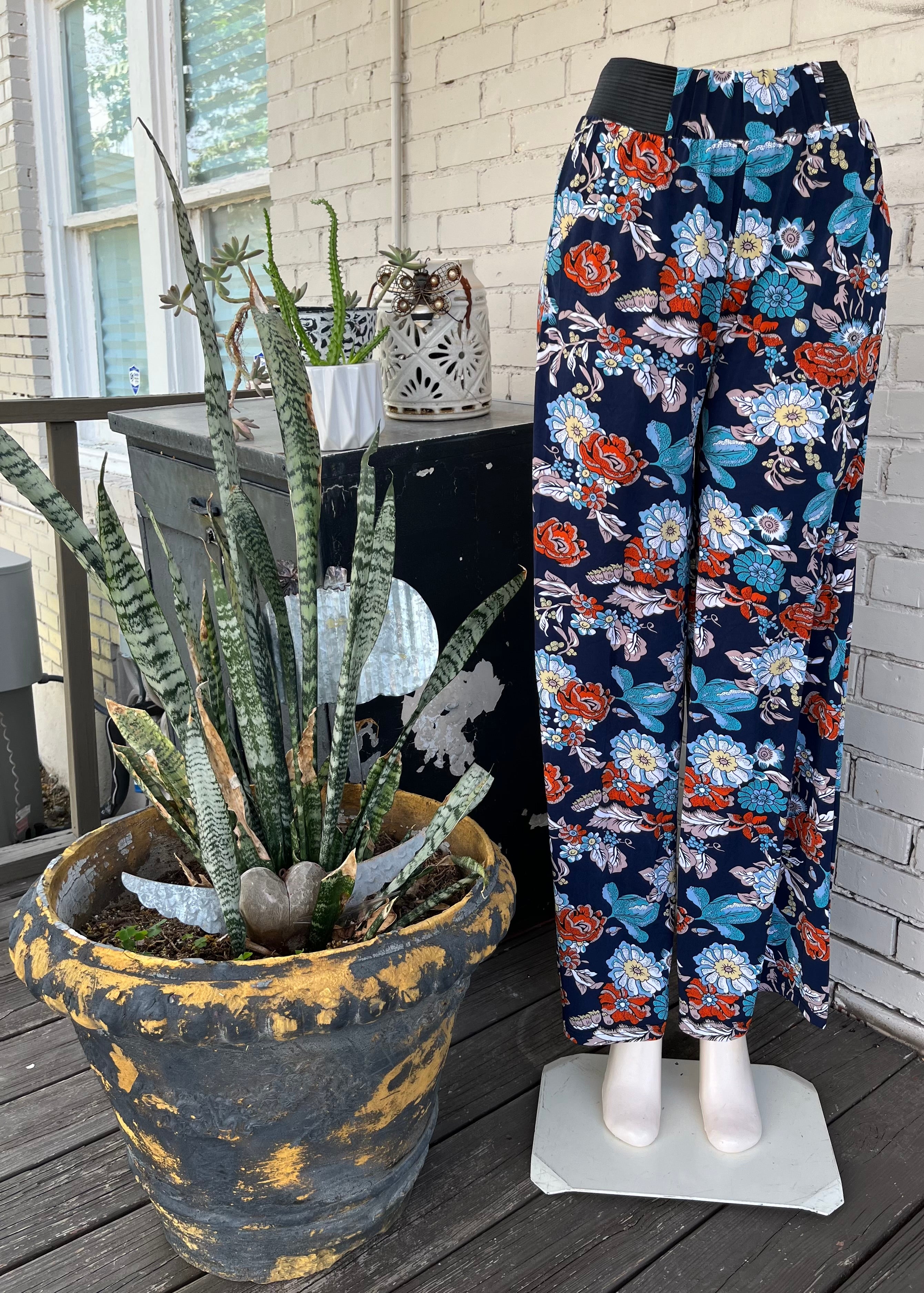 Navy w/ Fall Florals Palazzo Pants