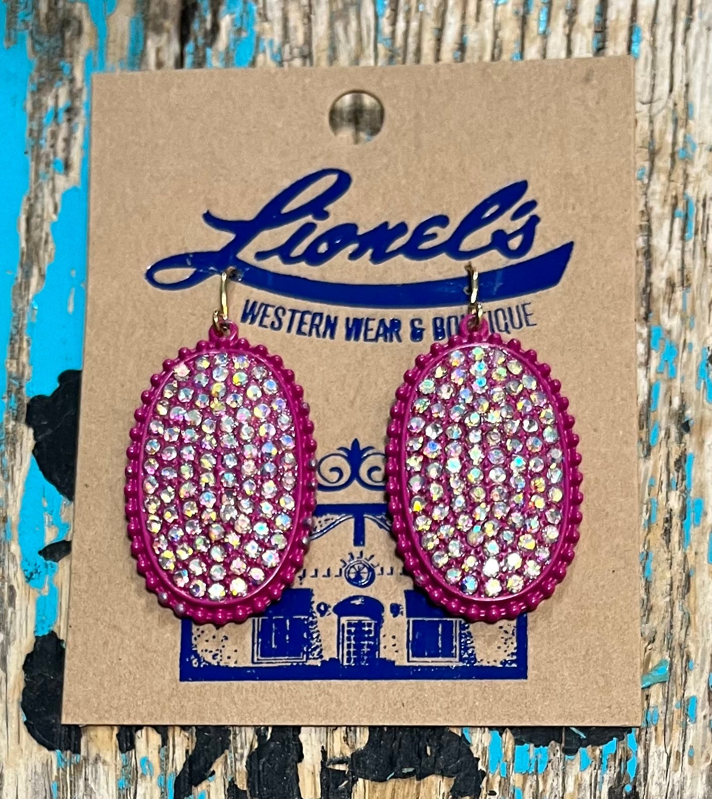 Magenta Classic Oval Drop Earrings w/ Clear Crystals