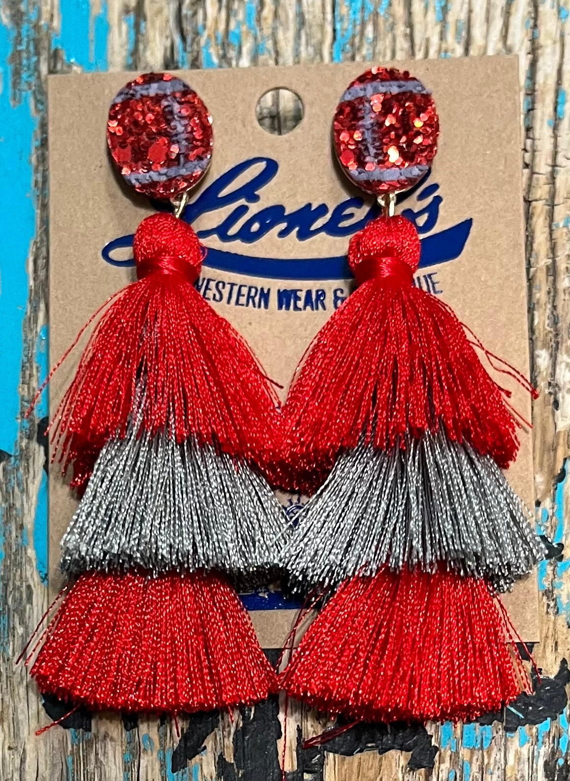 Red & Silver Tassel Football Earrings