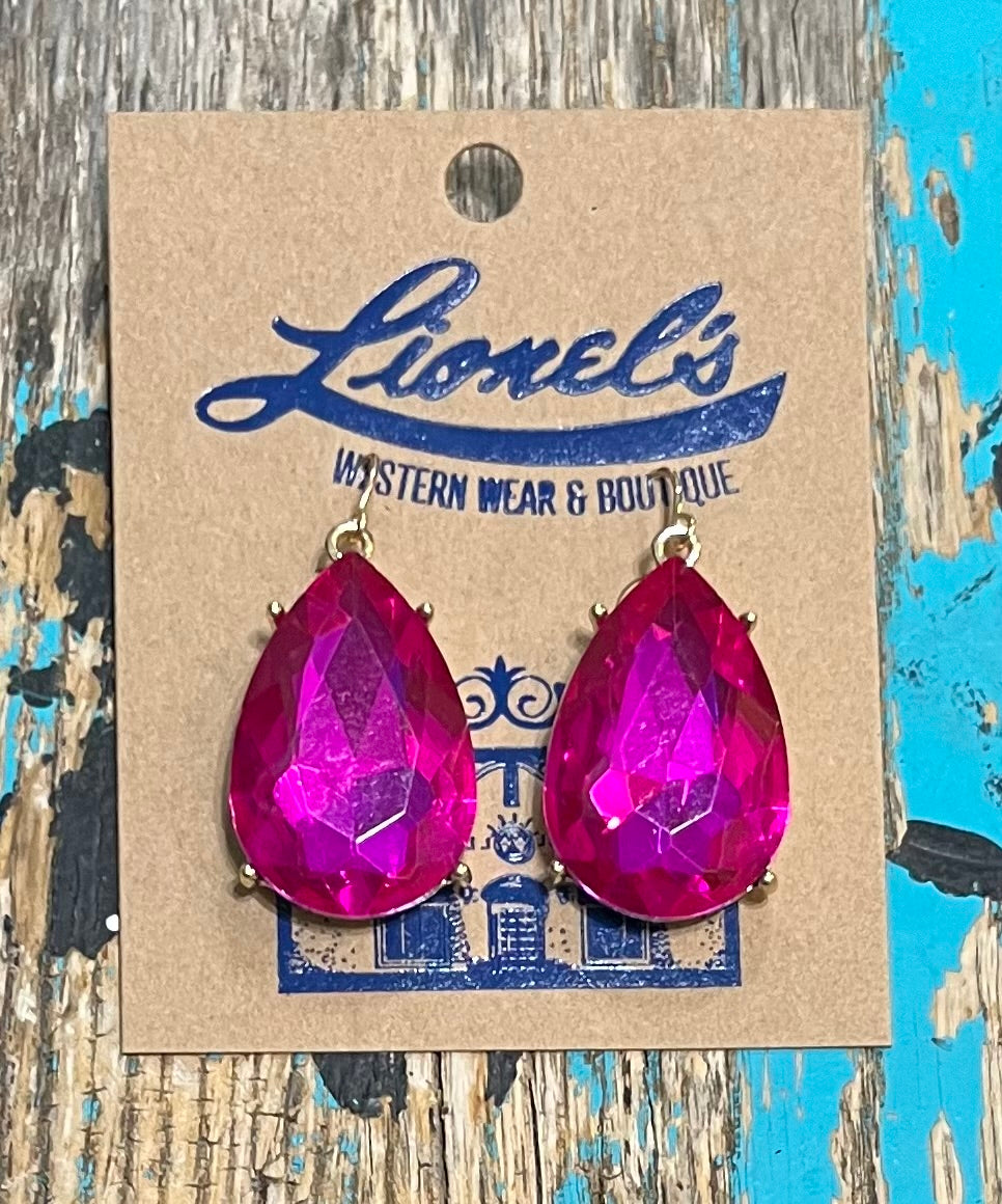 Magenta on Gold Faceted Teardrop Crystal Earrings