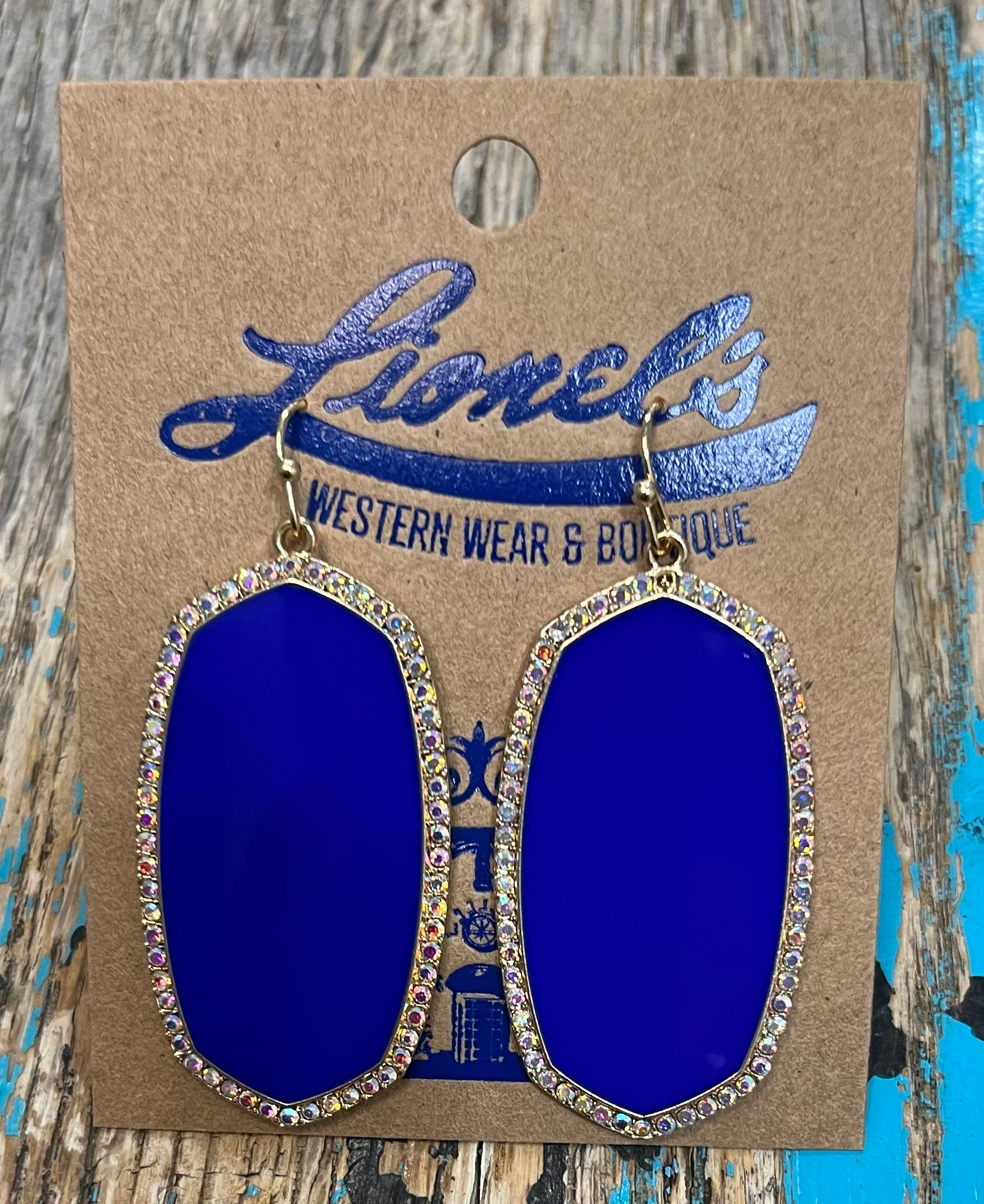 Ellen Royal Blue on Gold Rhinestone Frame Earring