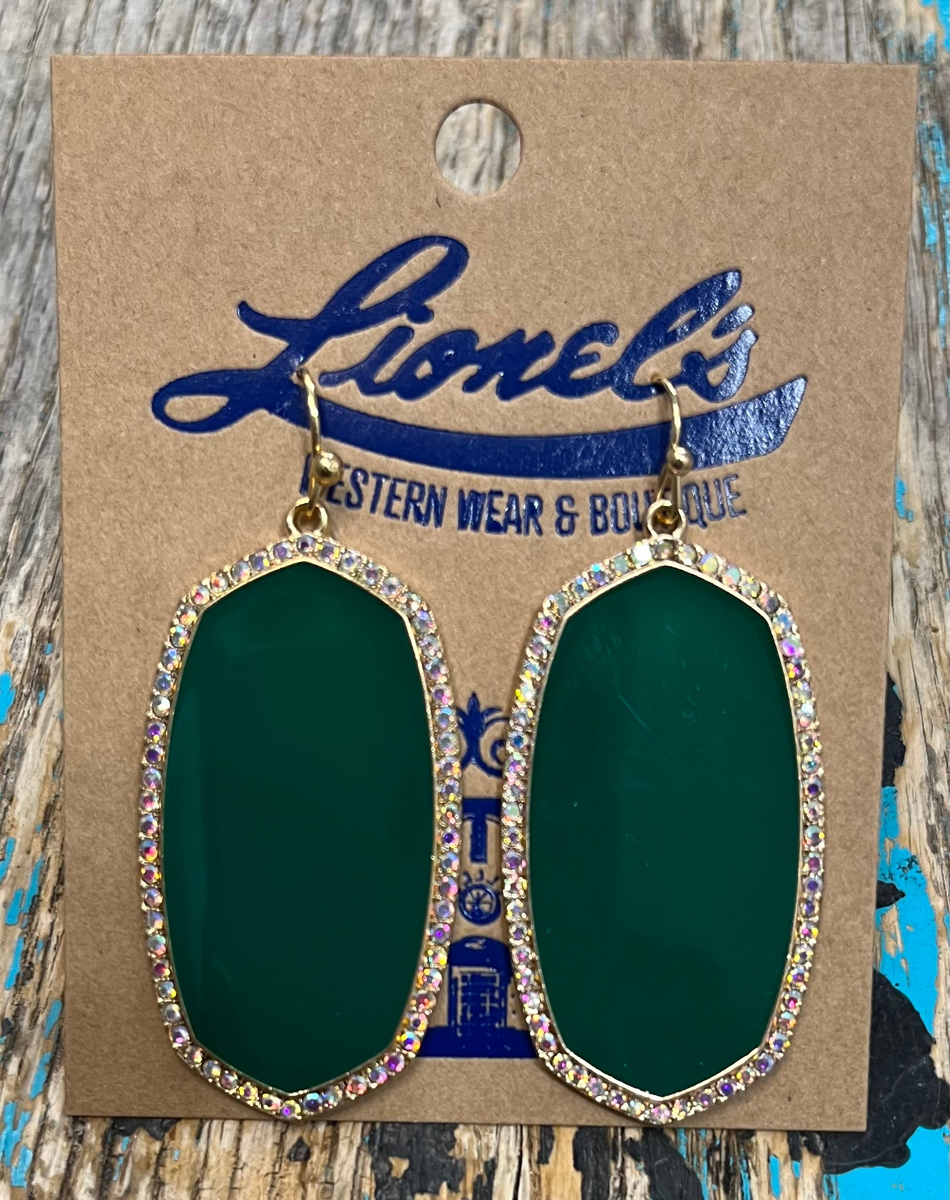 Ellen Hunter Green on Gold Rhinestone Frame Earring