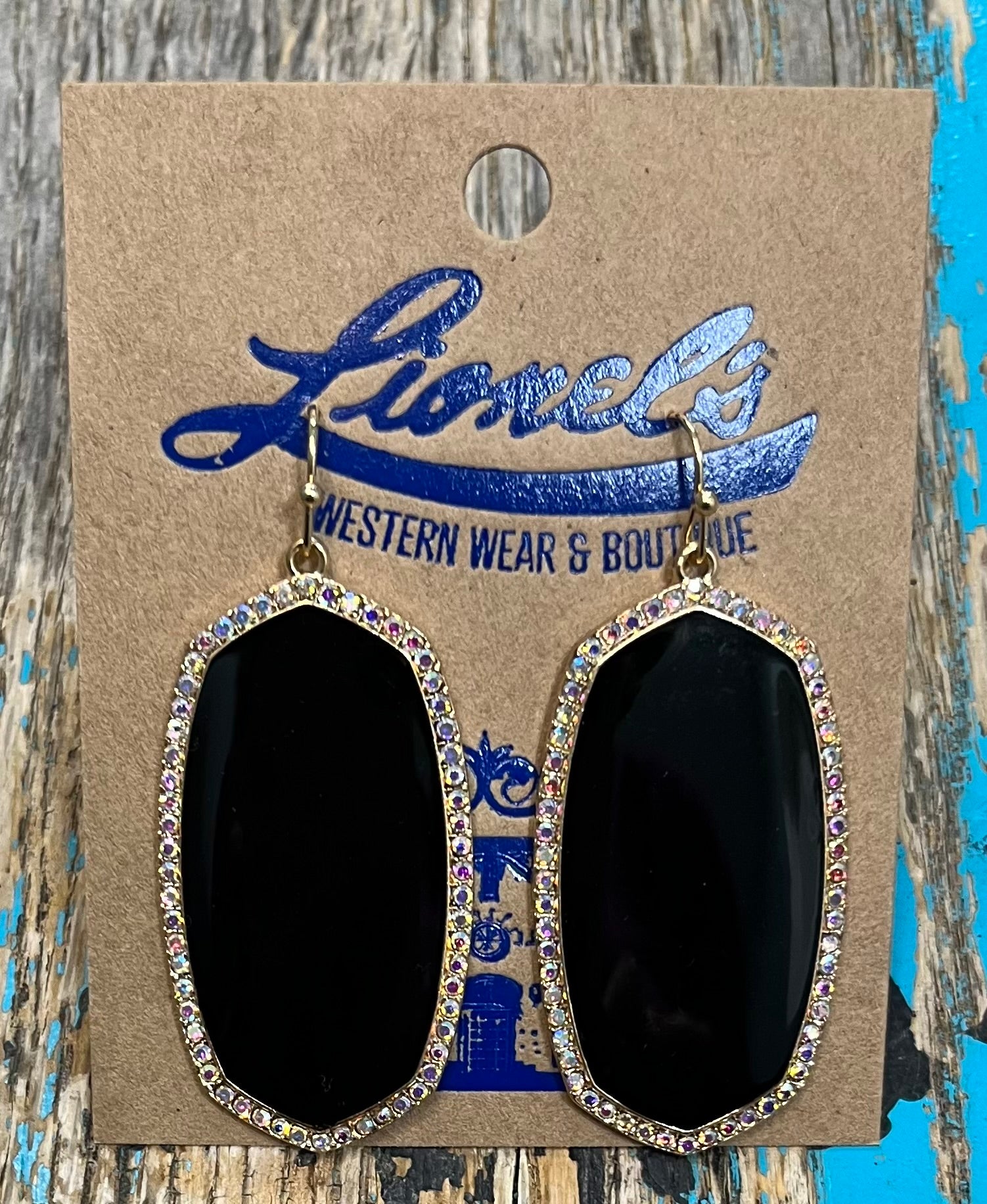 Ellen Black on Gold Rhinestone Frame Earring