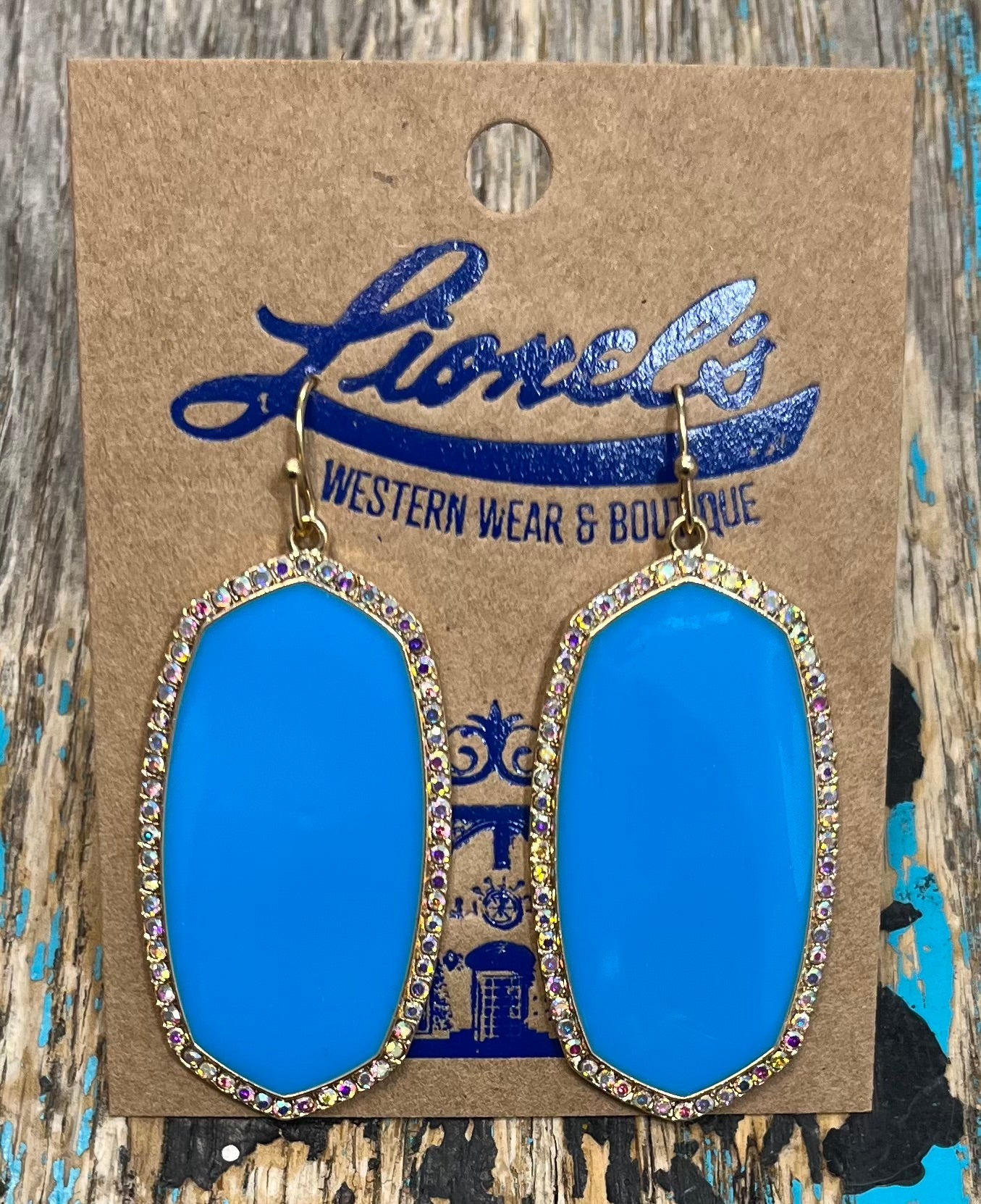 Ellen Turquoise on Gold Rhinestone Frame Earring