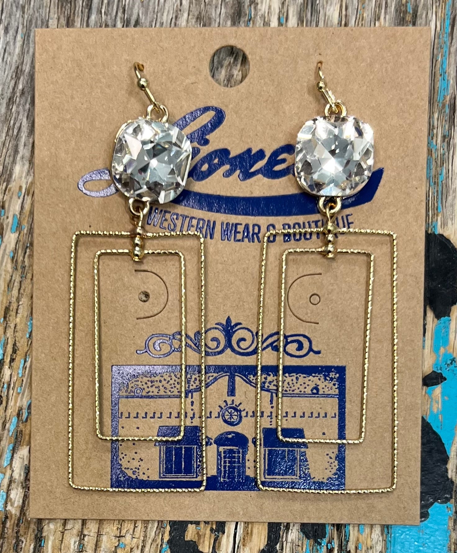 Clear Crystal & Gold Rectangle Drop Earring