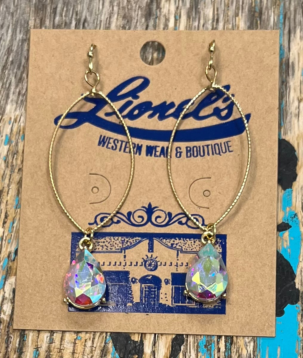 Gold Earring w/ Iridescent Crystal Drop