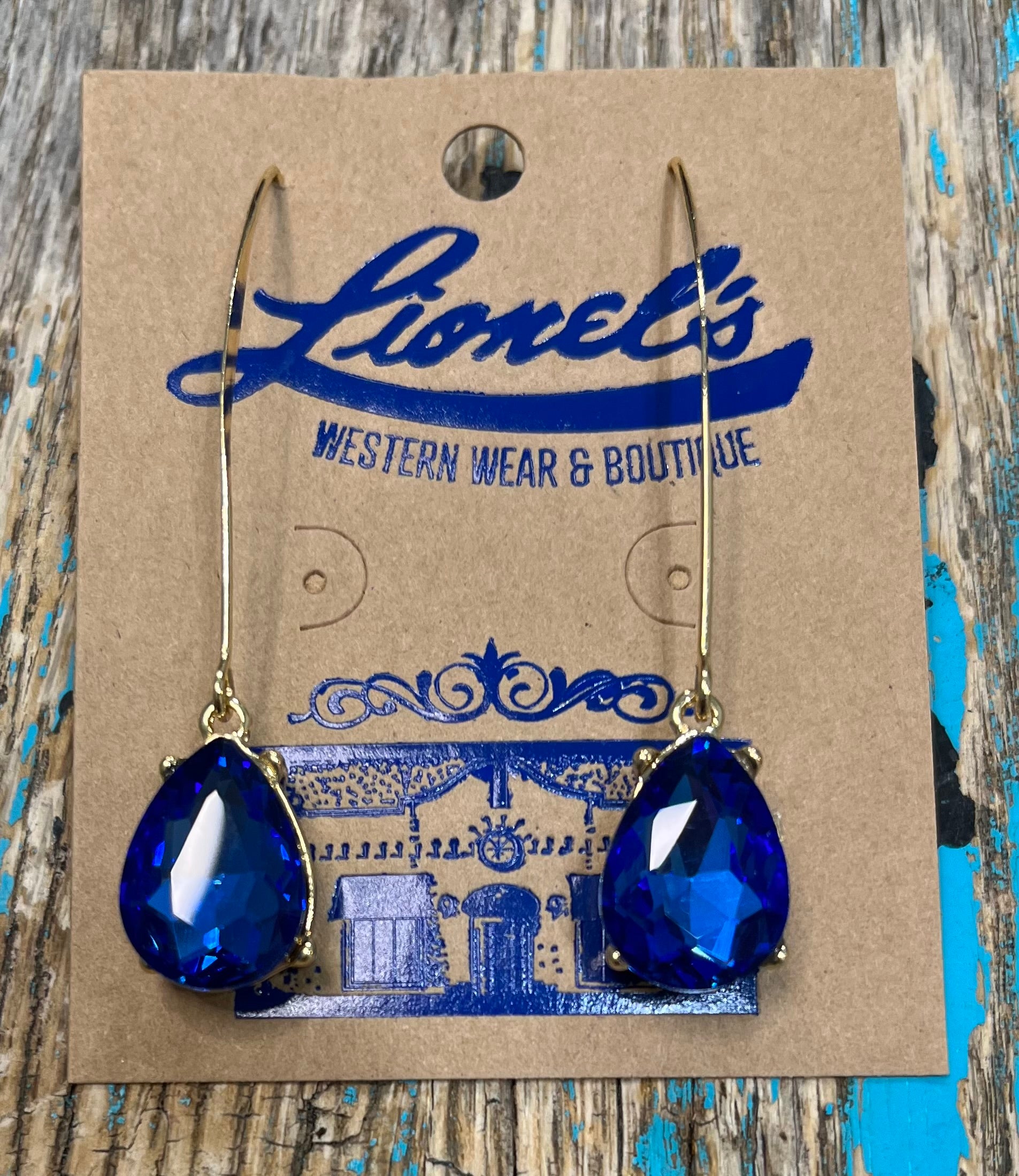 Royal Blue Crystal Drop on Gold Earrings