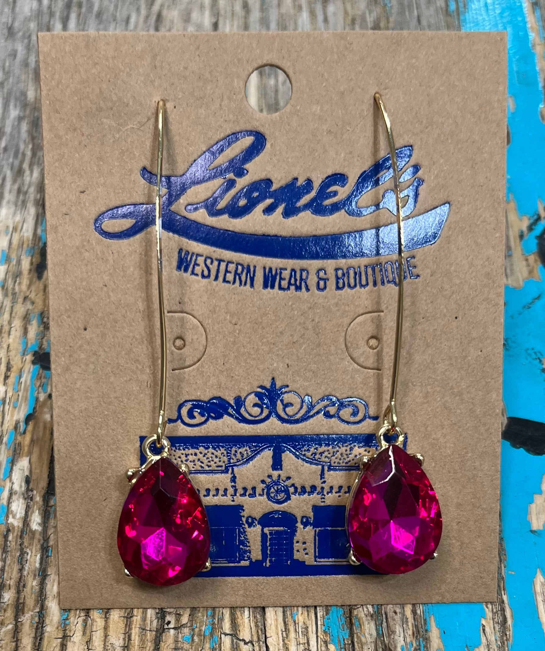 Magenta Crystal Drop on Gold Earrings