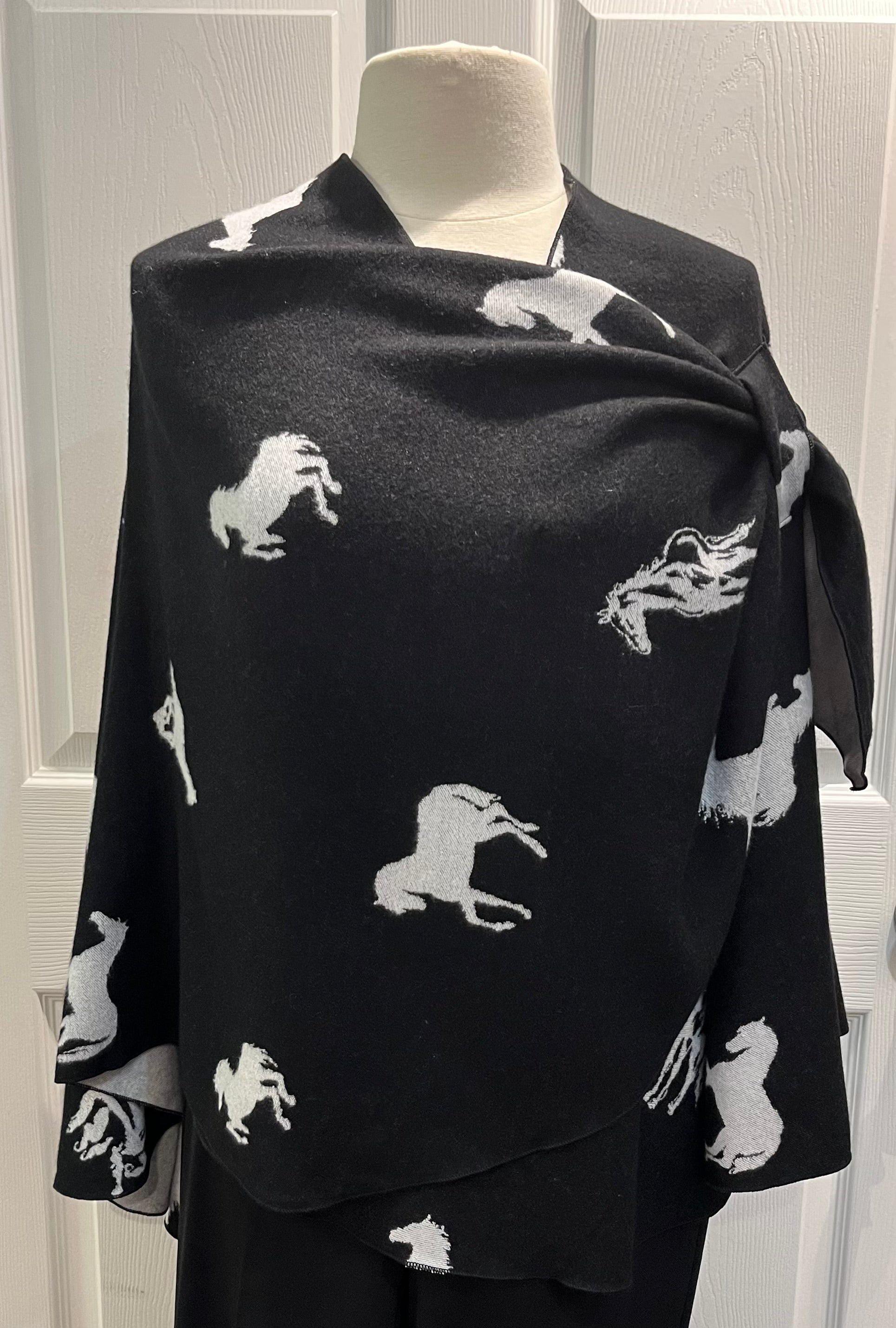 White Horses on Black Reversible Cashmere Shawl