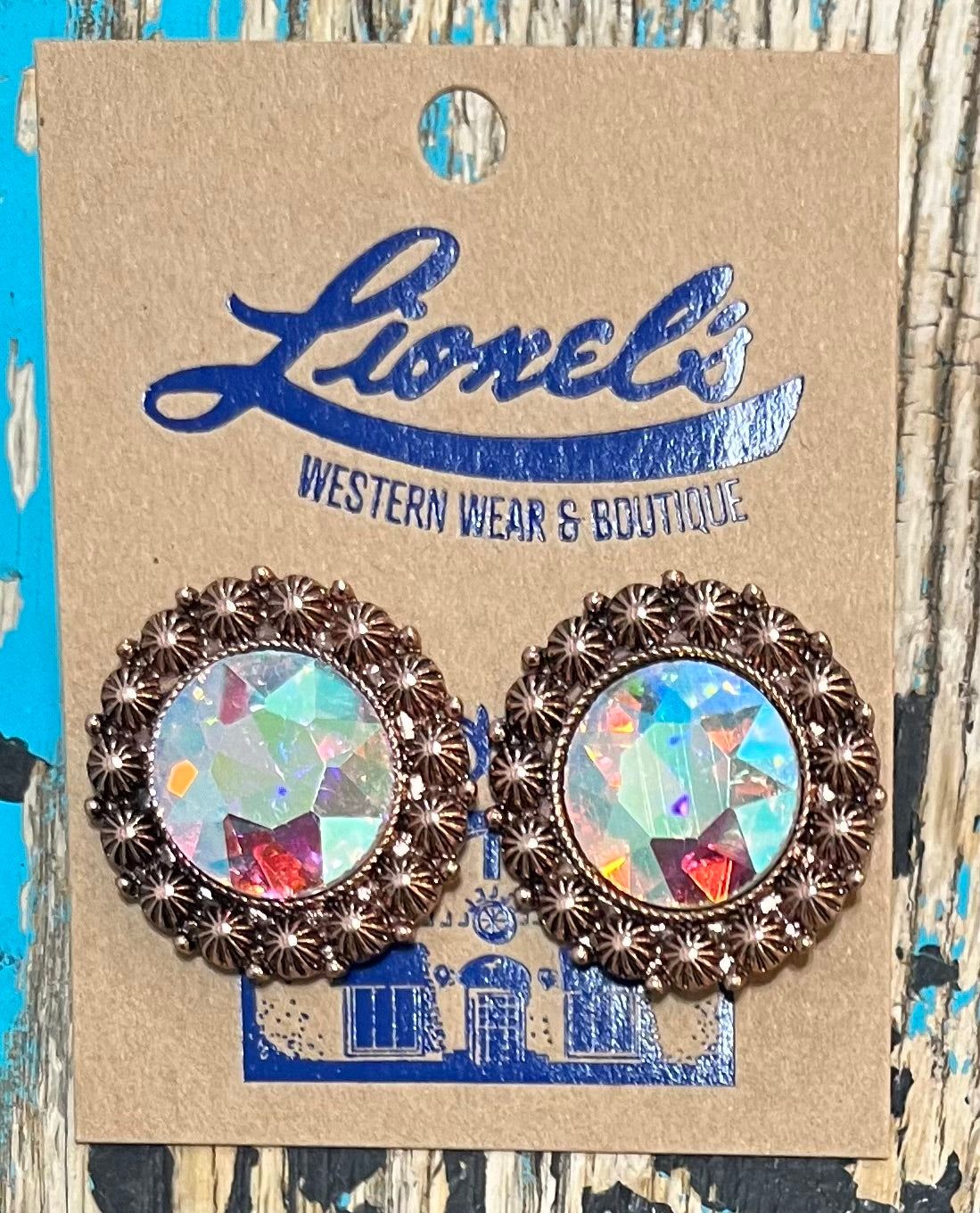 Iridescent Large Crystal Concho Post Earring/Copper