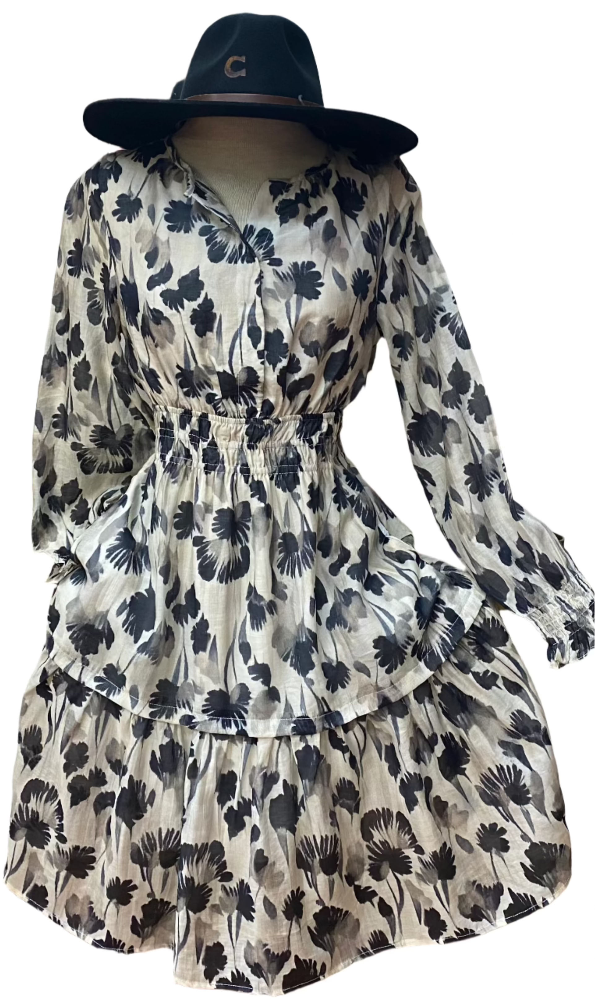 Grey w/ Black Floral Dress