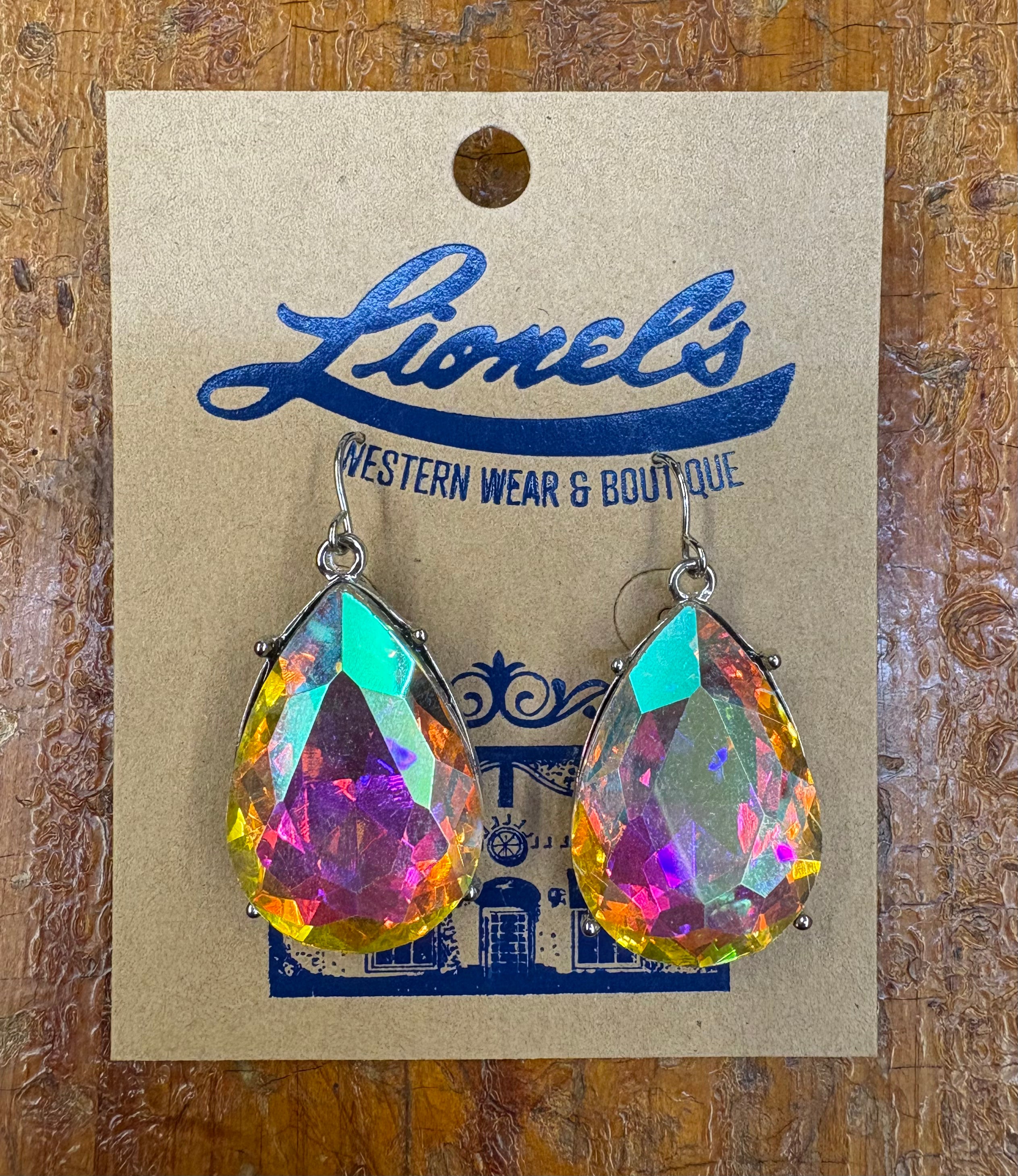 Iridescent on Silver Faceted Teardrop Crystal Earrings