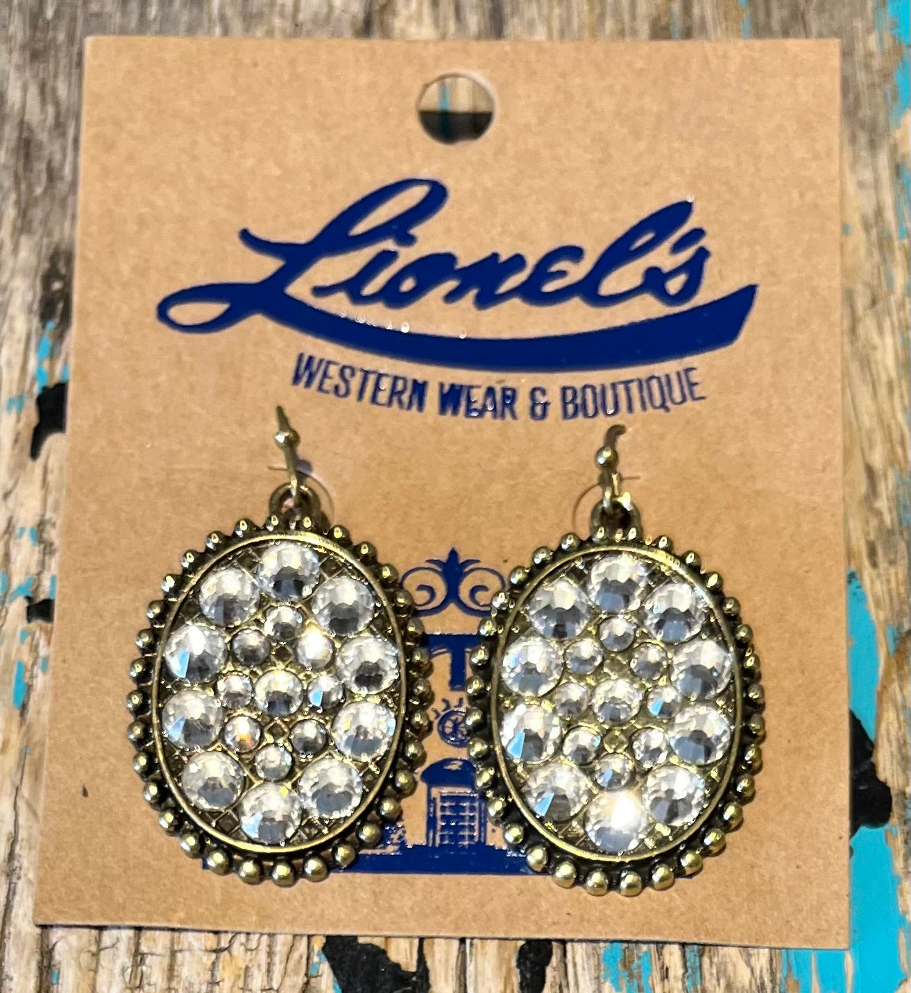 Mini Antique Gold Oval Earrings w/ Clear Crystals