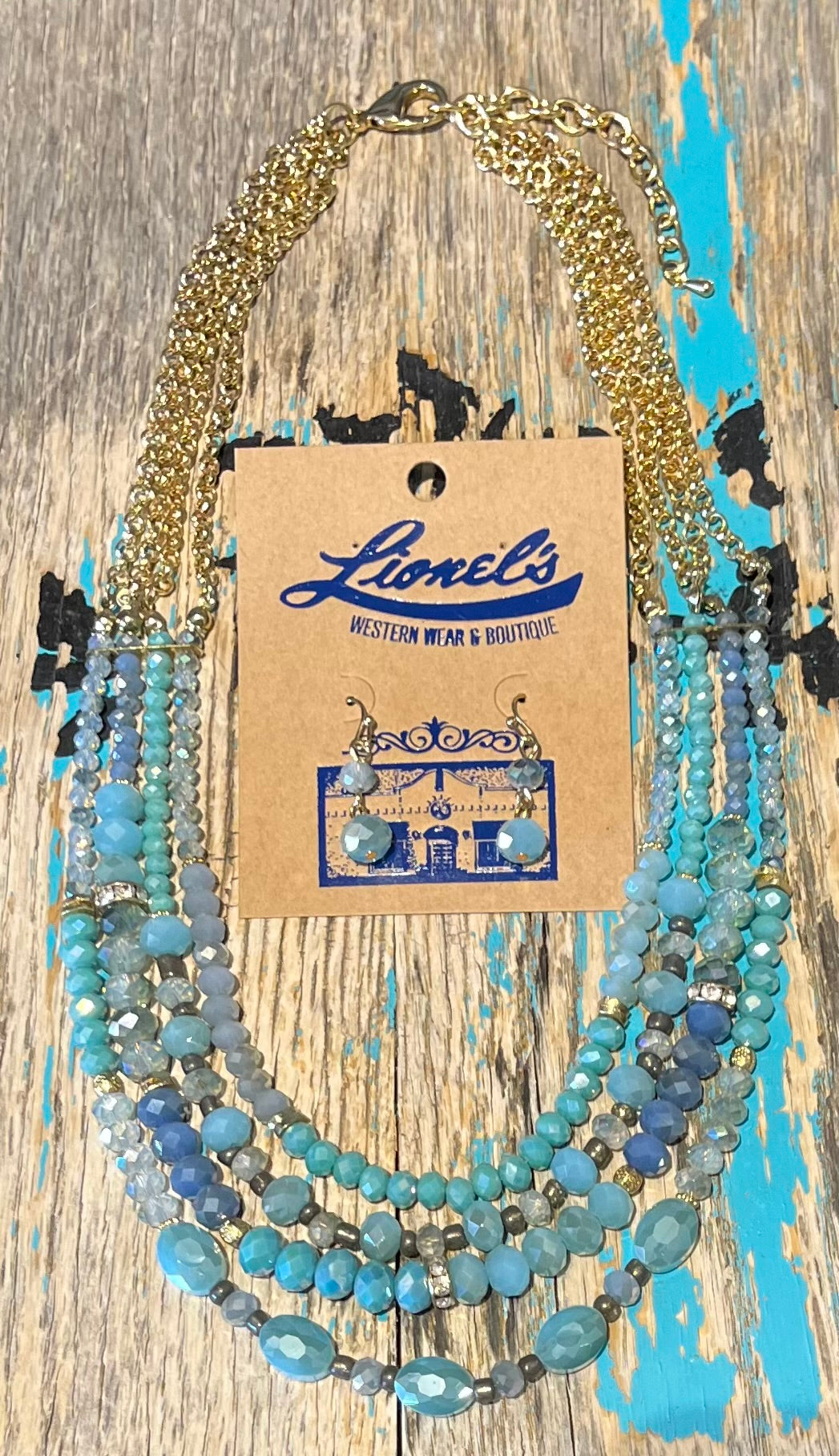 Shades of Aqua Multi Strand Necklace w/ Earrings