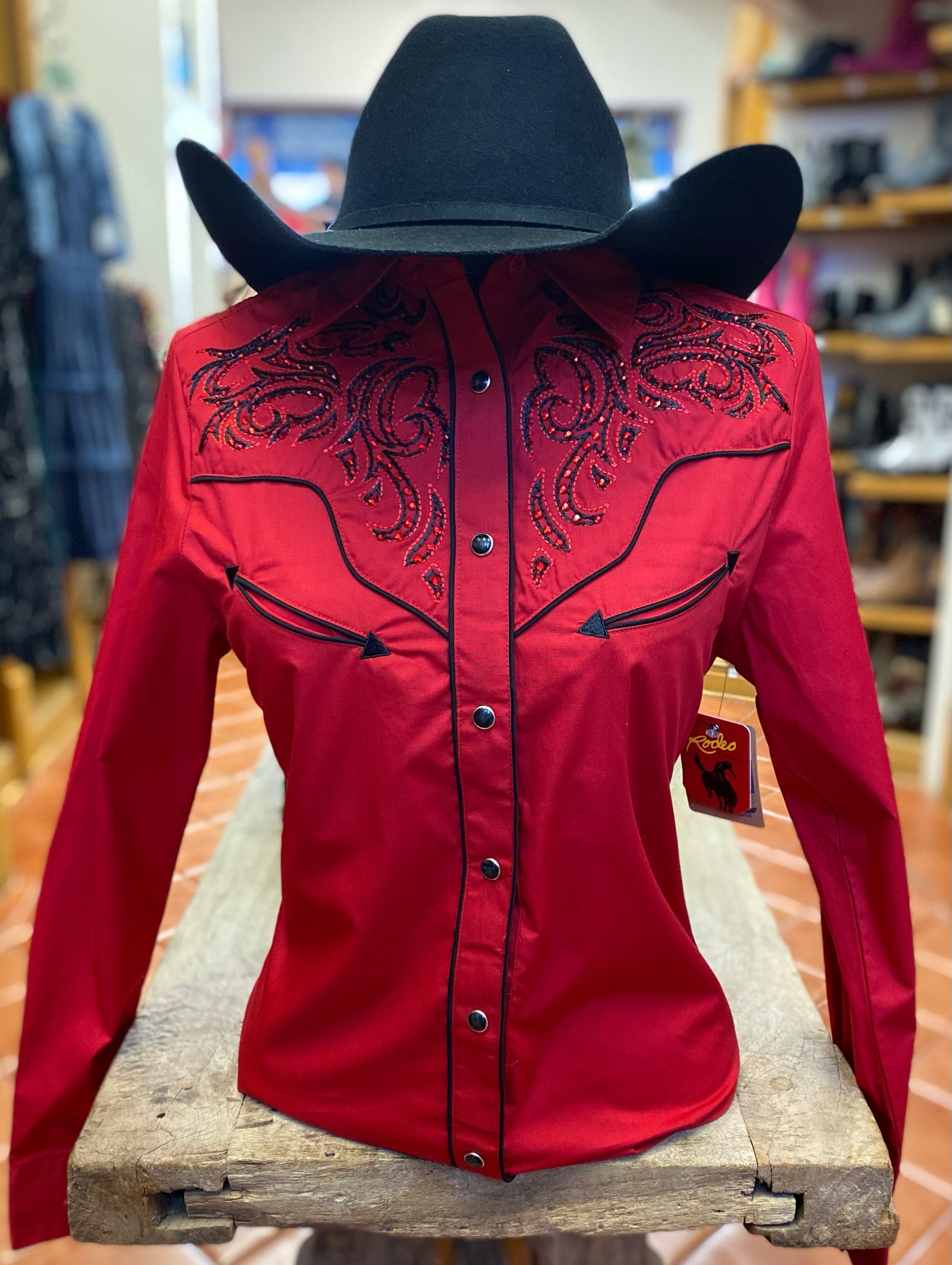 RED Ladies Fancy Western Blouse w/ Embroidery & Crystal Accents