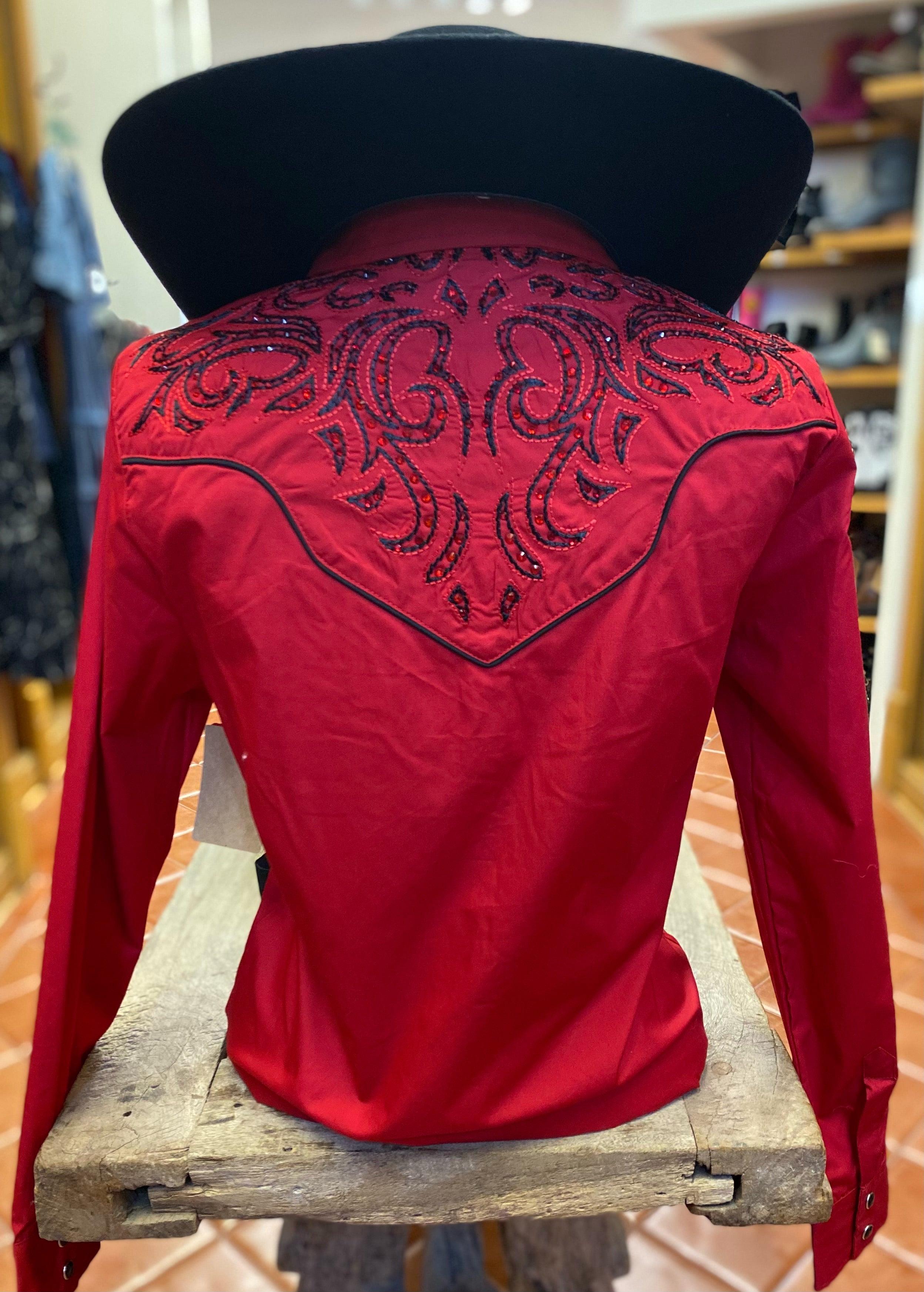 RED Ladies Fancy Western Blouse w/ Embroidery & Crystal Accents