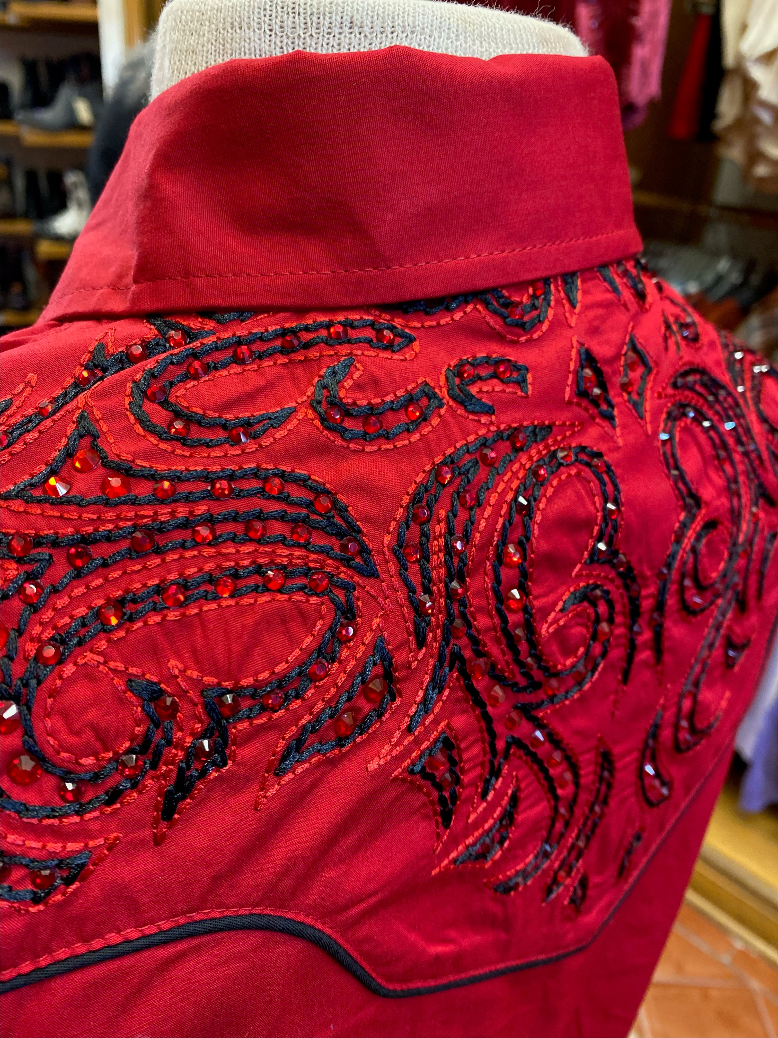 RED Ladies Fancy Western Blouse w/ Embroidery & Crystal Accents