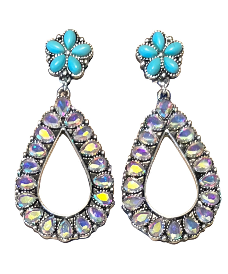 Turquoise Flower Stud Earrings w/ Iridescent Teardrop