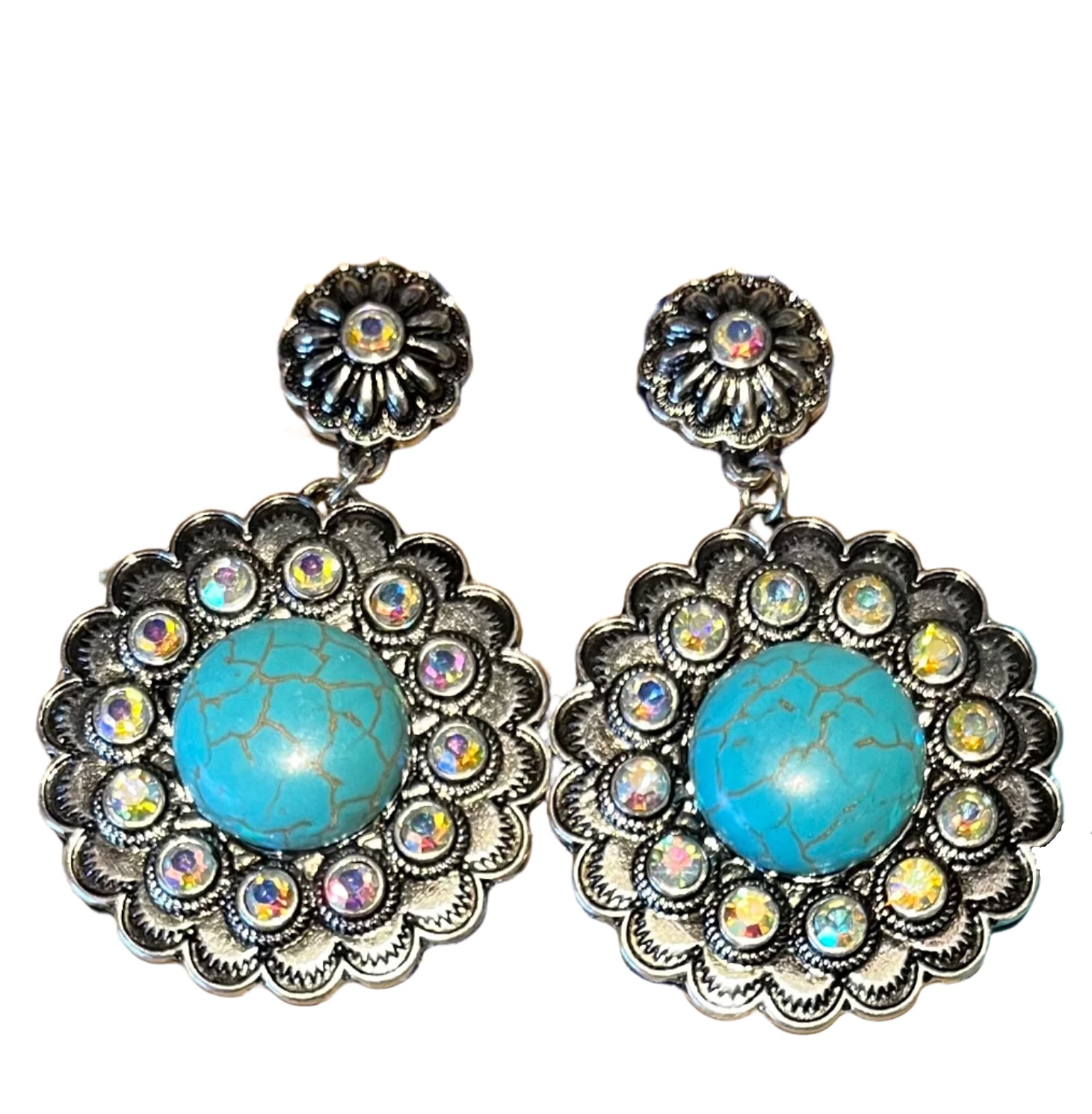 Silver Concho Drop Earrings w/ Turquoise & Iridescent Crystals