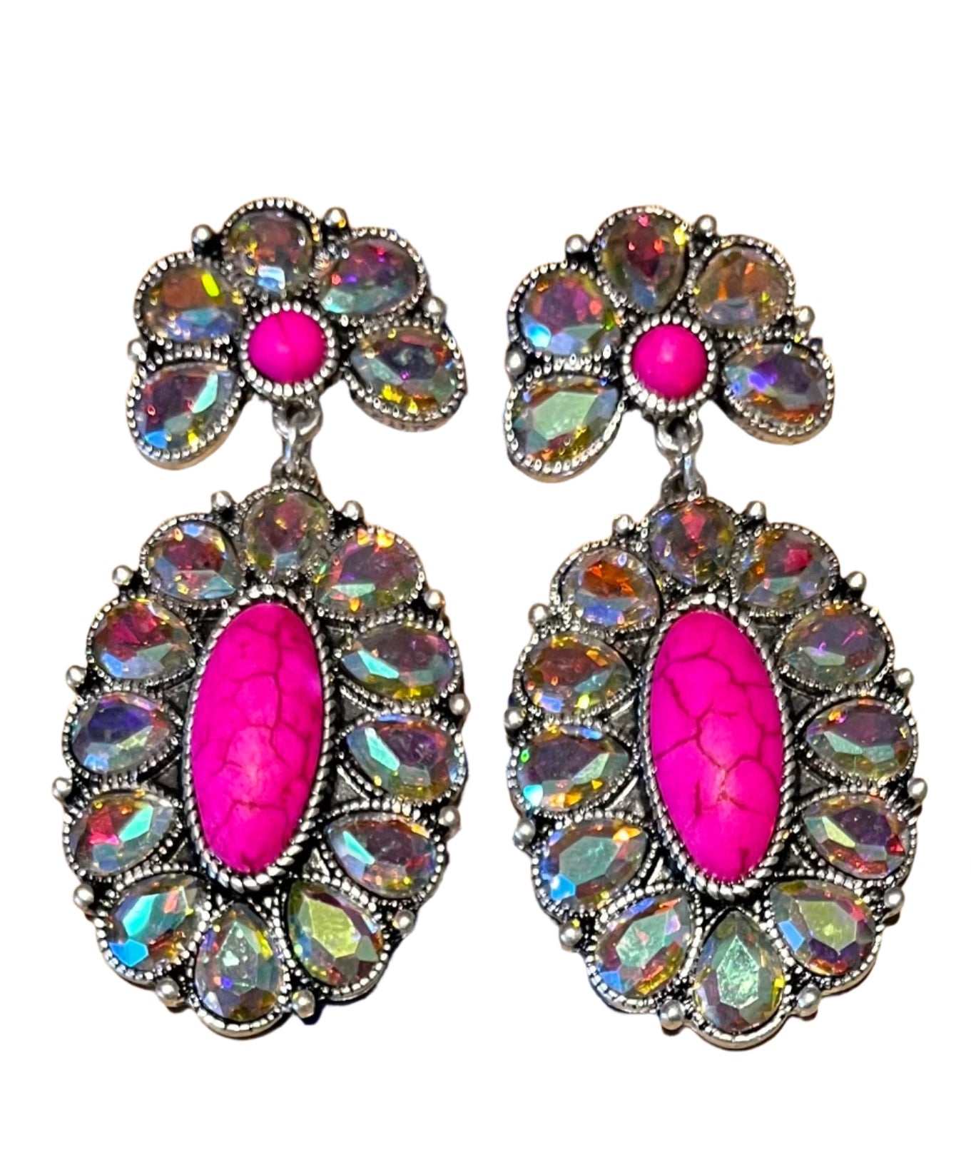 Iridescent Crystals Earrings w/ a Touch of Hot Pink