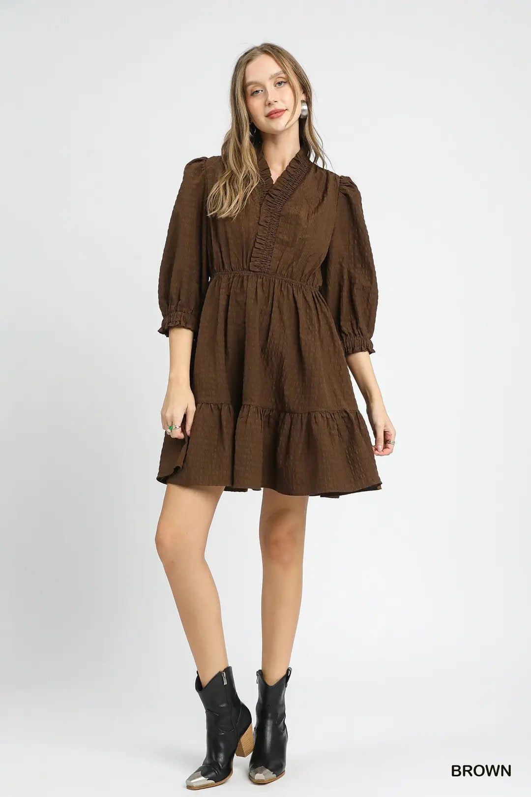 Chocolate Brown Textured Babydoll Dress