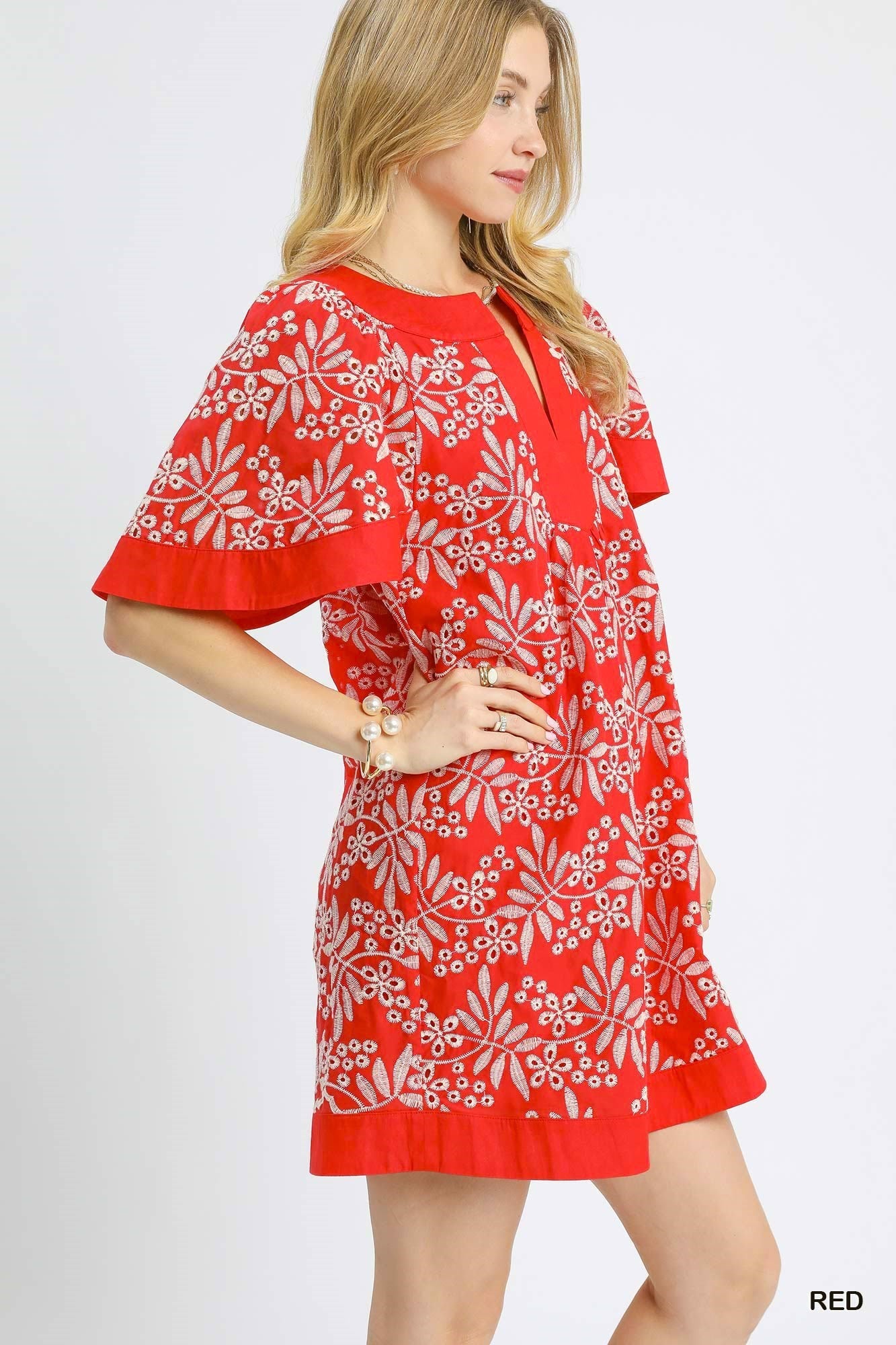 Red Floral Embroidered Cotton Mini Dress