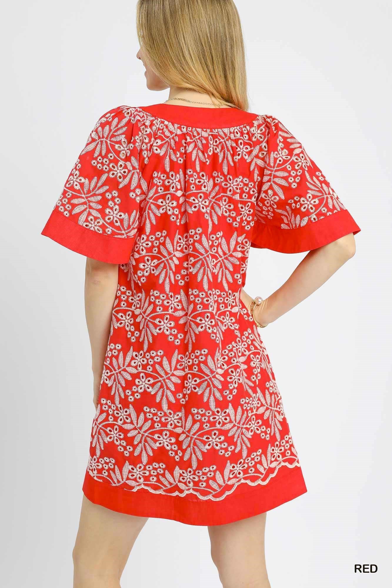 Red Floral Embroidered Cotton Mini Dress