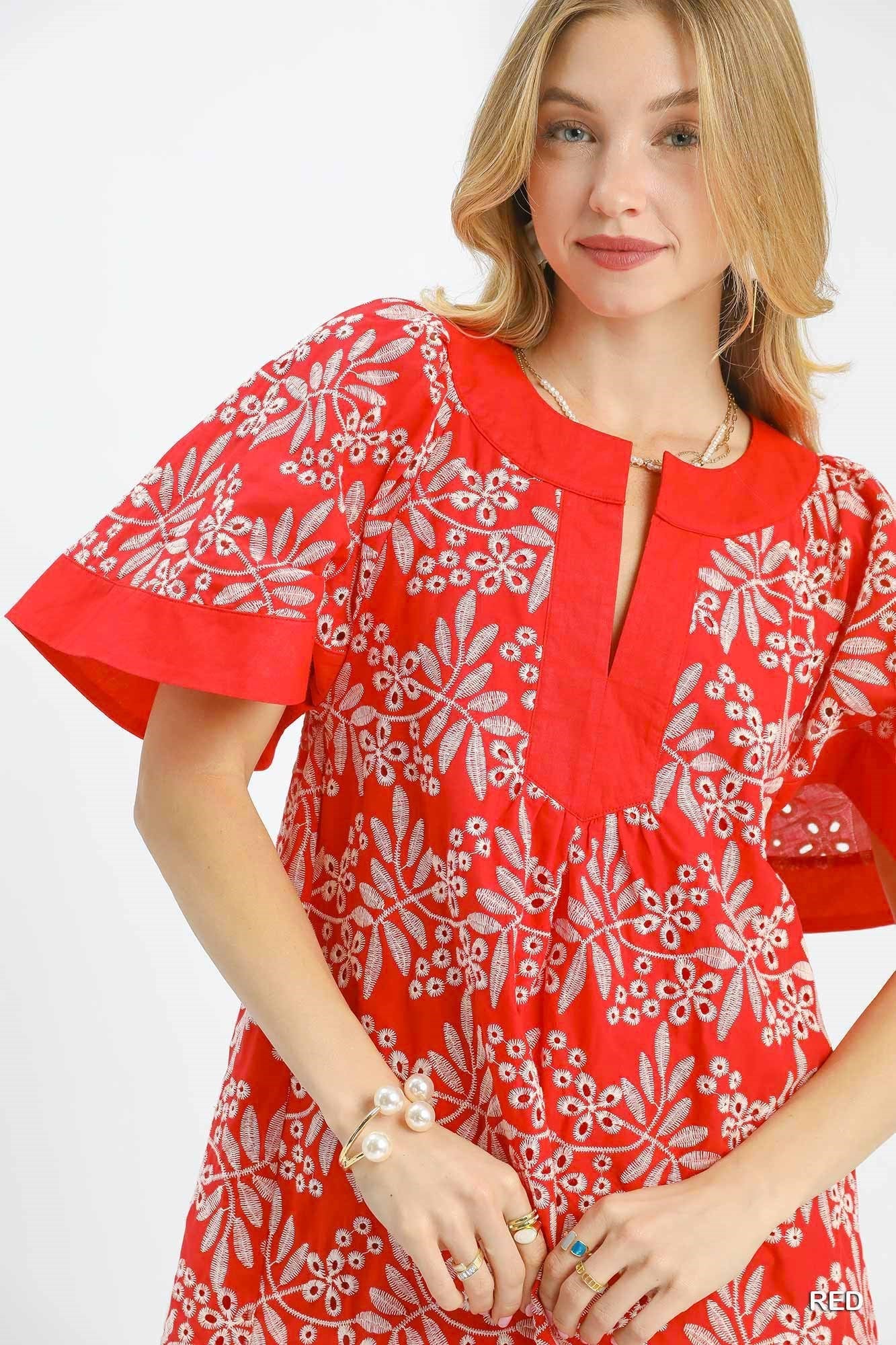 Red Floral Embroidered Cotton Mini Dress