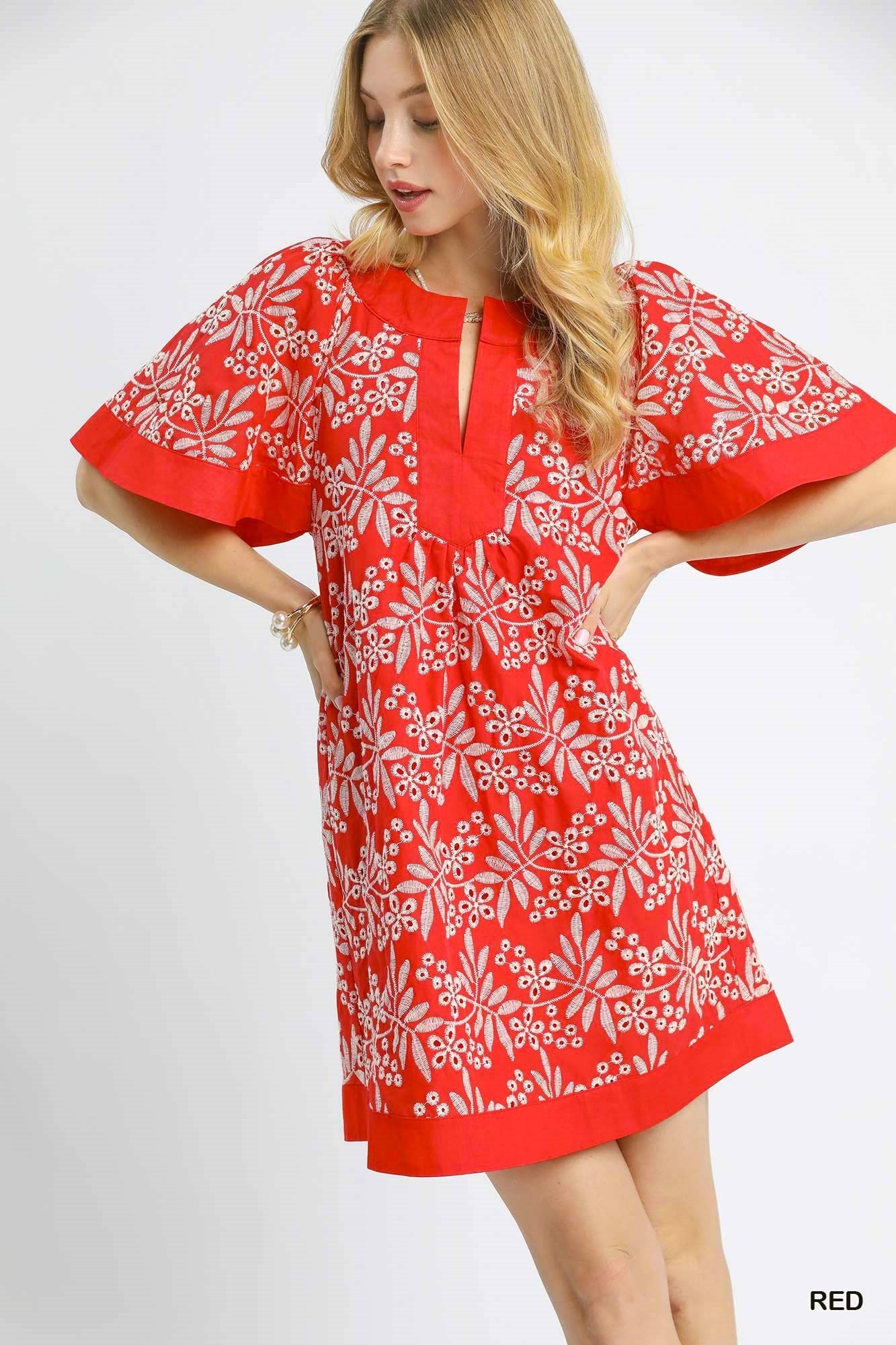 Red Floral Embroidered Cotton Mini Dress