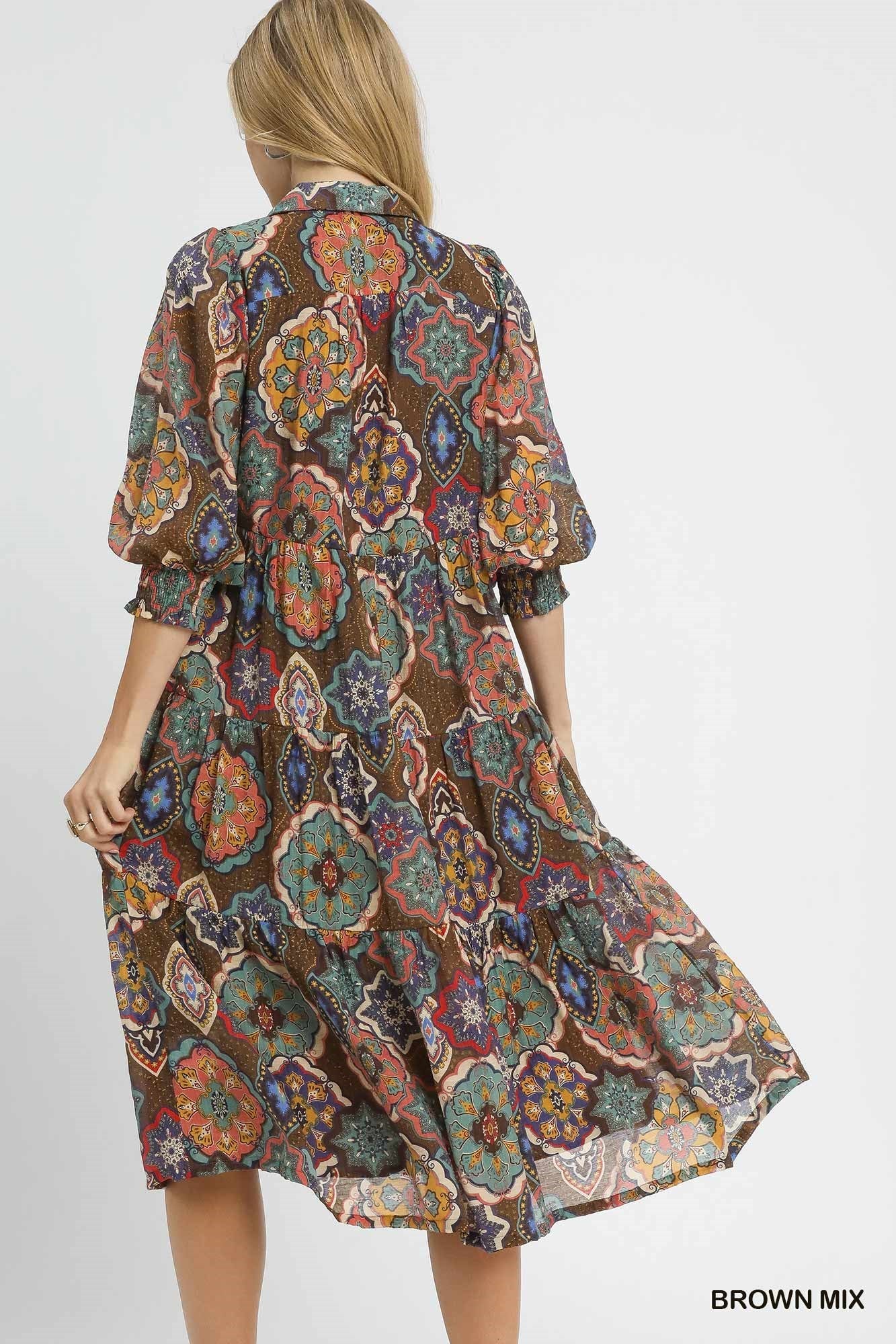 Brown Mix Boho Print Tiered Midi Dress
