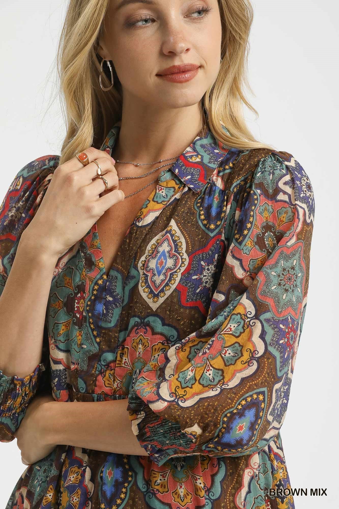 Brown Mix Boho Print Tiered Midi Dress