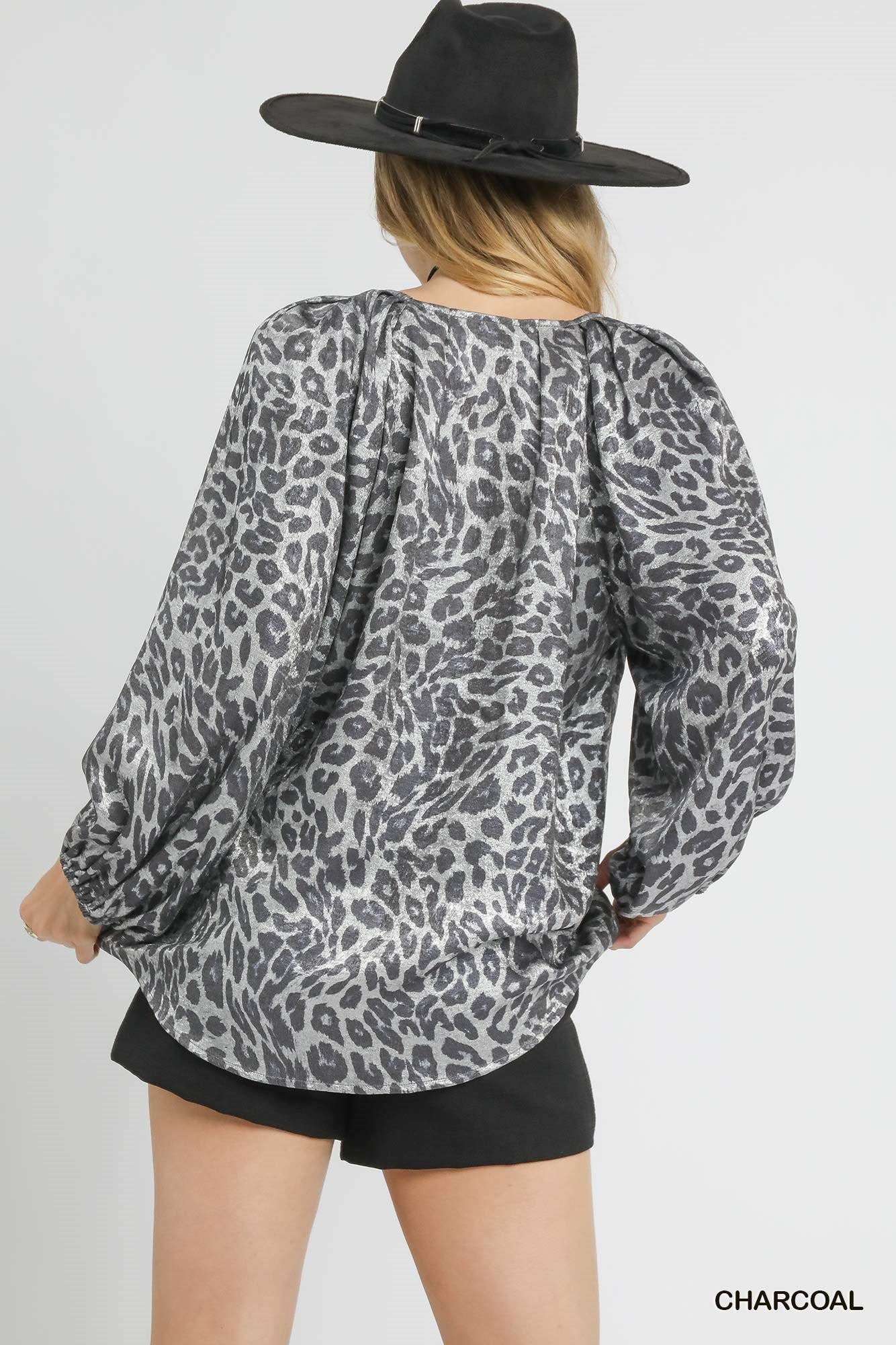 Charcoal Metallic Leopard Print Peasant Top