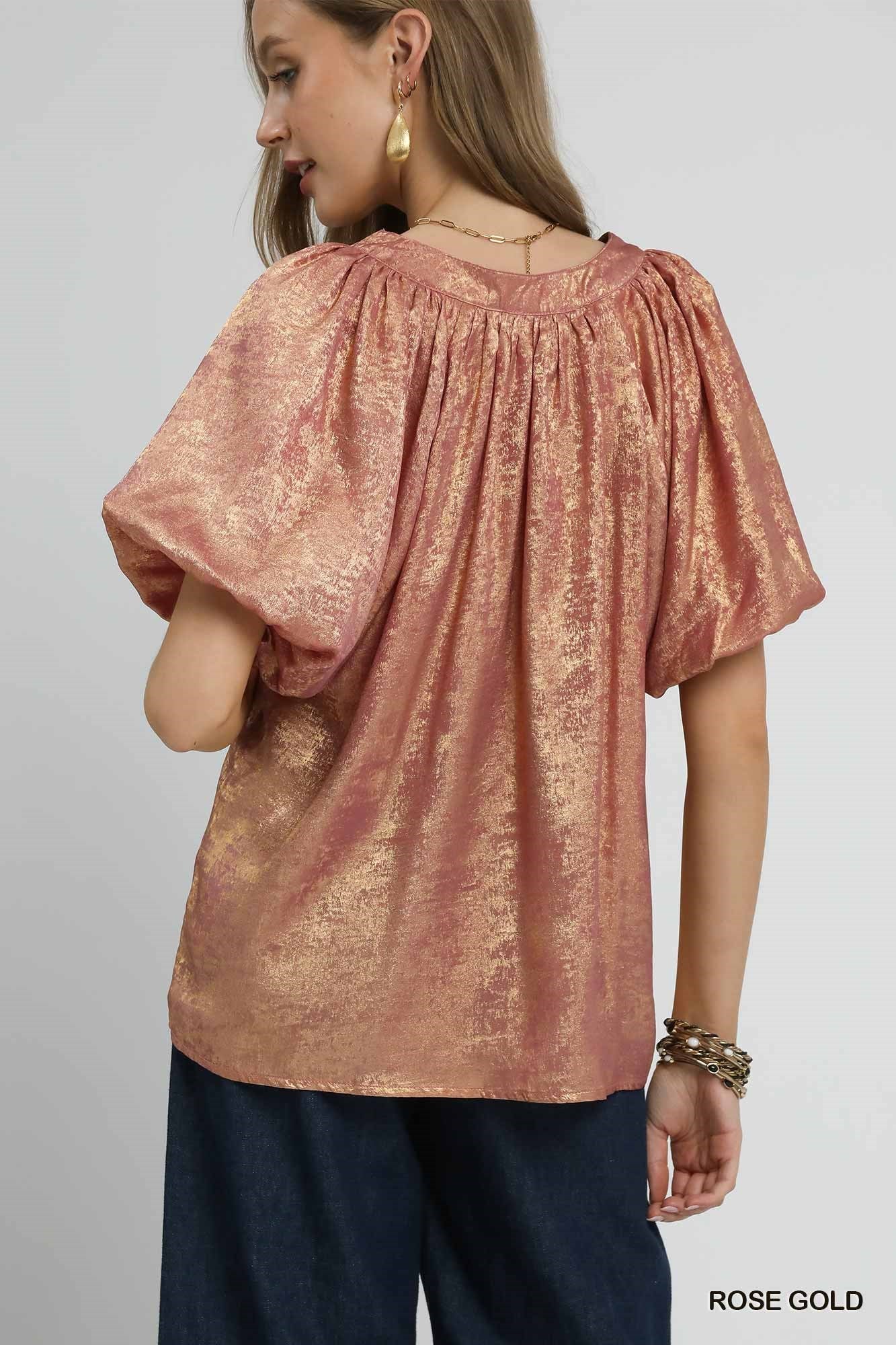 Rose Gold Metallic Puff Sleeve Blouse