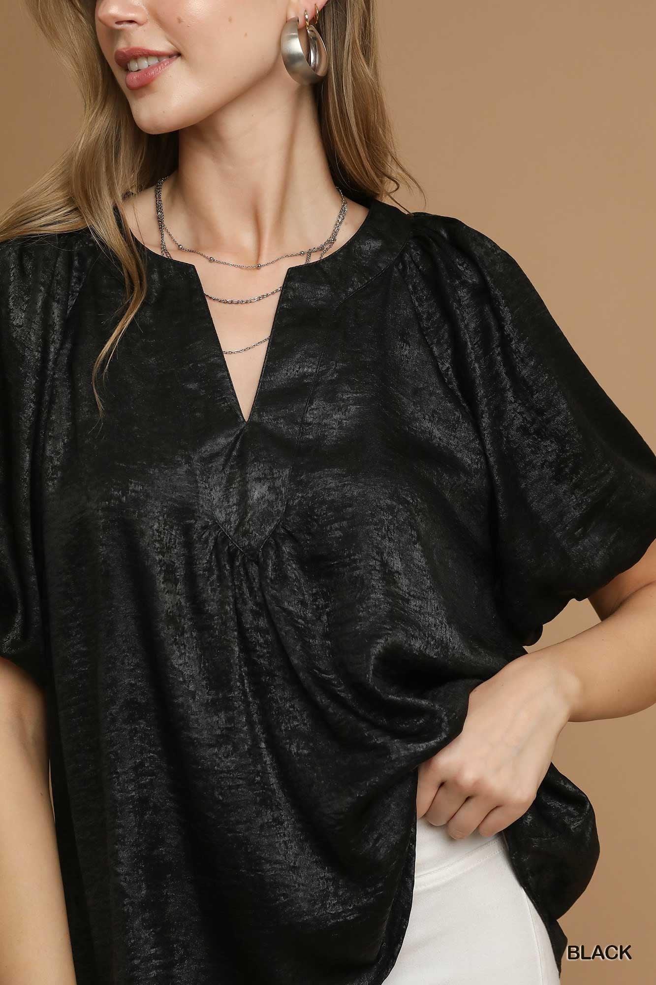 Black Metallic Puff Sleeve Blouse