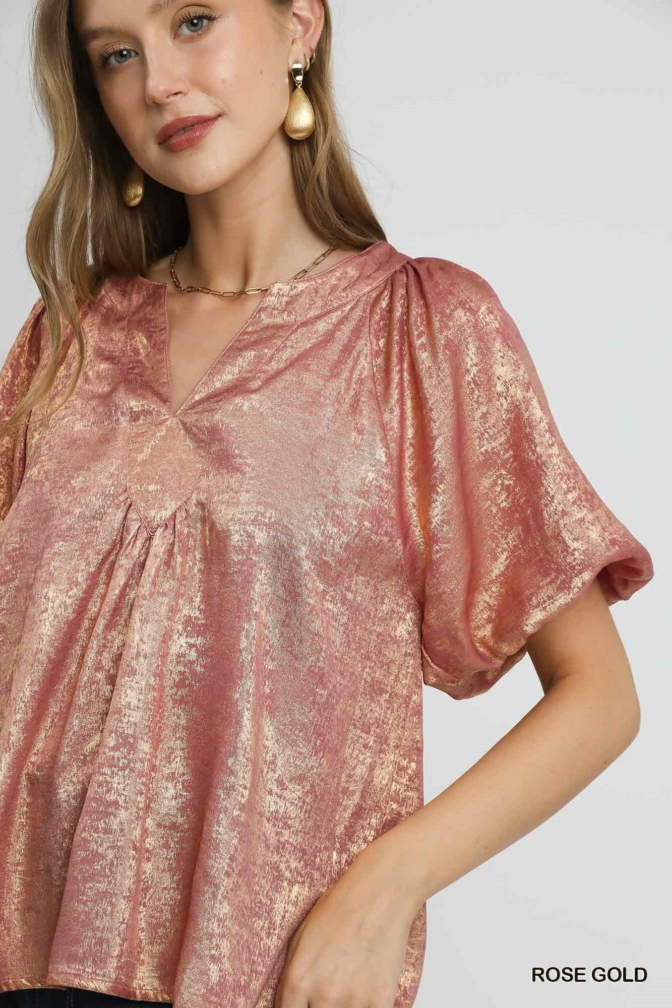Rose Gold Metallic Puff Sleeve Blouse