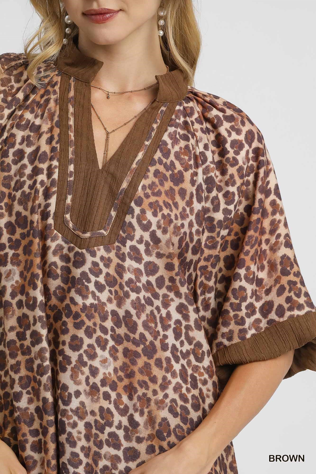 Brown Leopard Print Pleated Sleeve Blouse