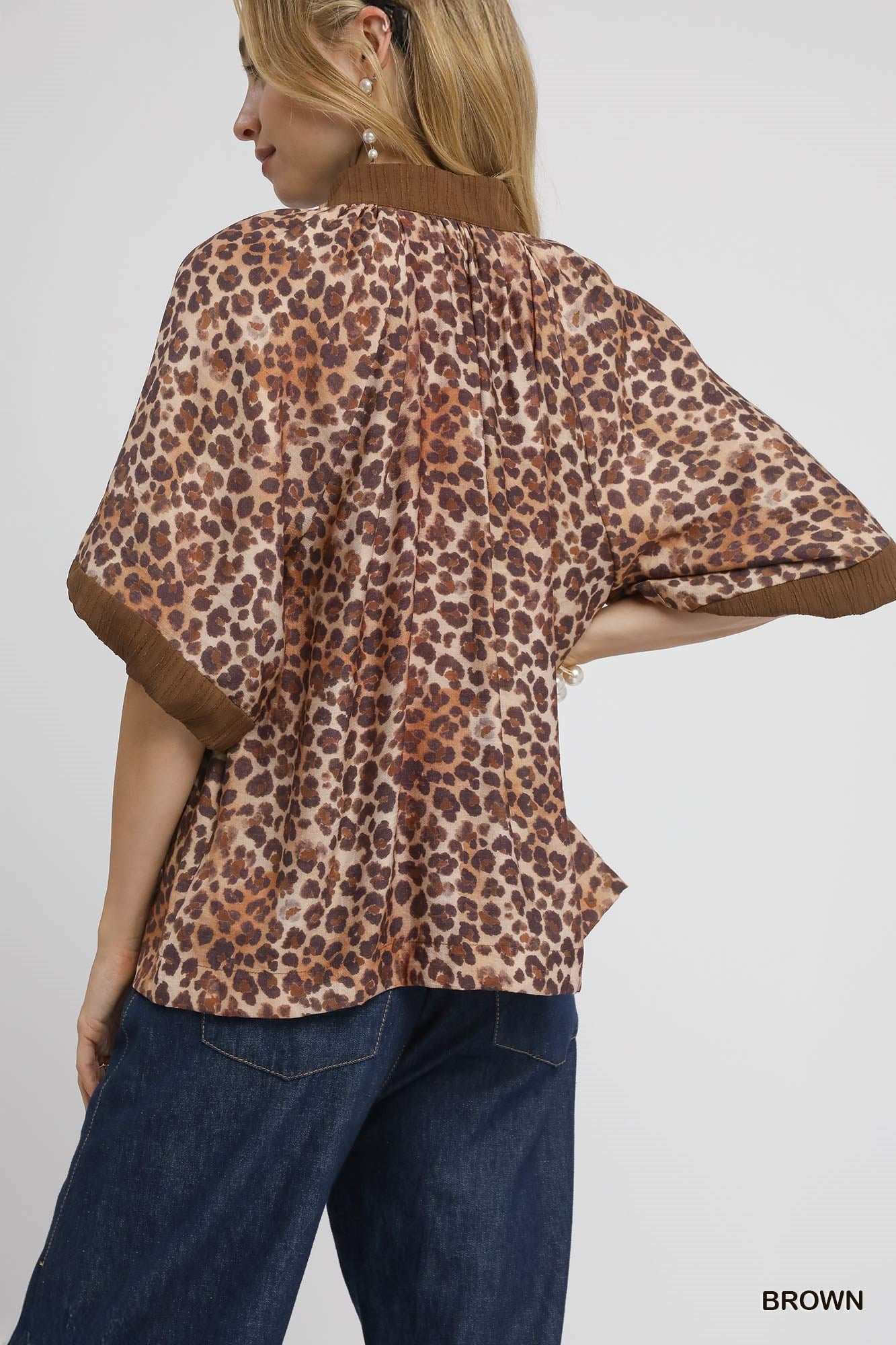 Brown Leopard Print Pleated Sleeve Blouse