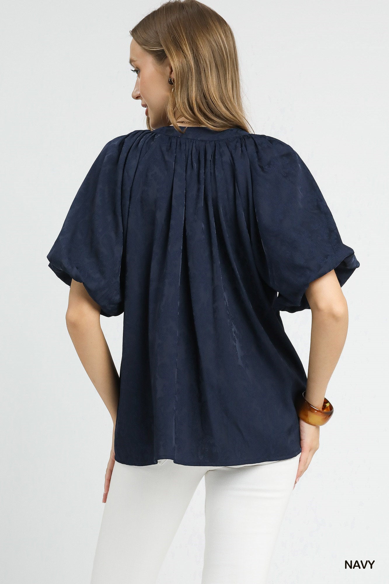 Navy Blue Satin Jacquard Puff Sleeve Blouse