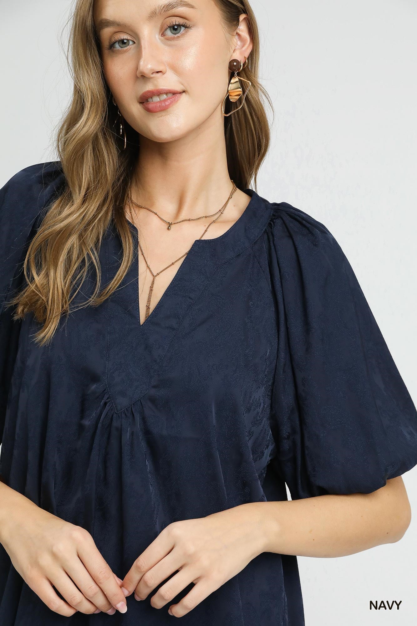 Navy Blue Satin Jacquard Puff Sleeve Blouse