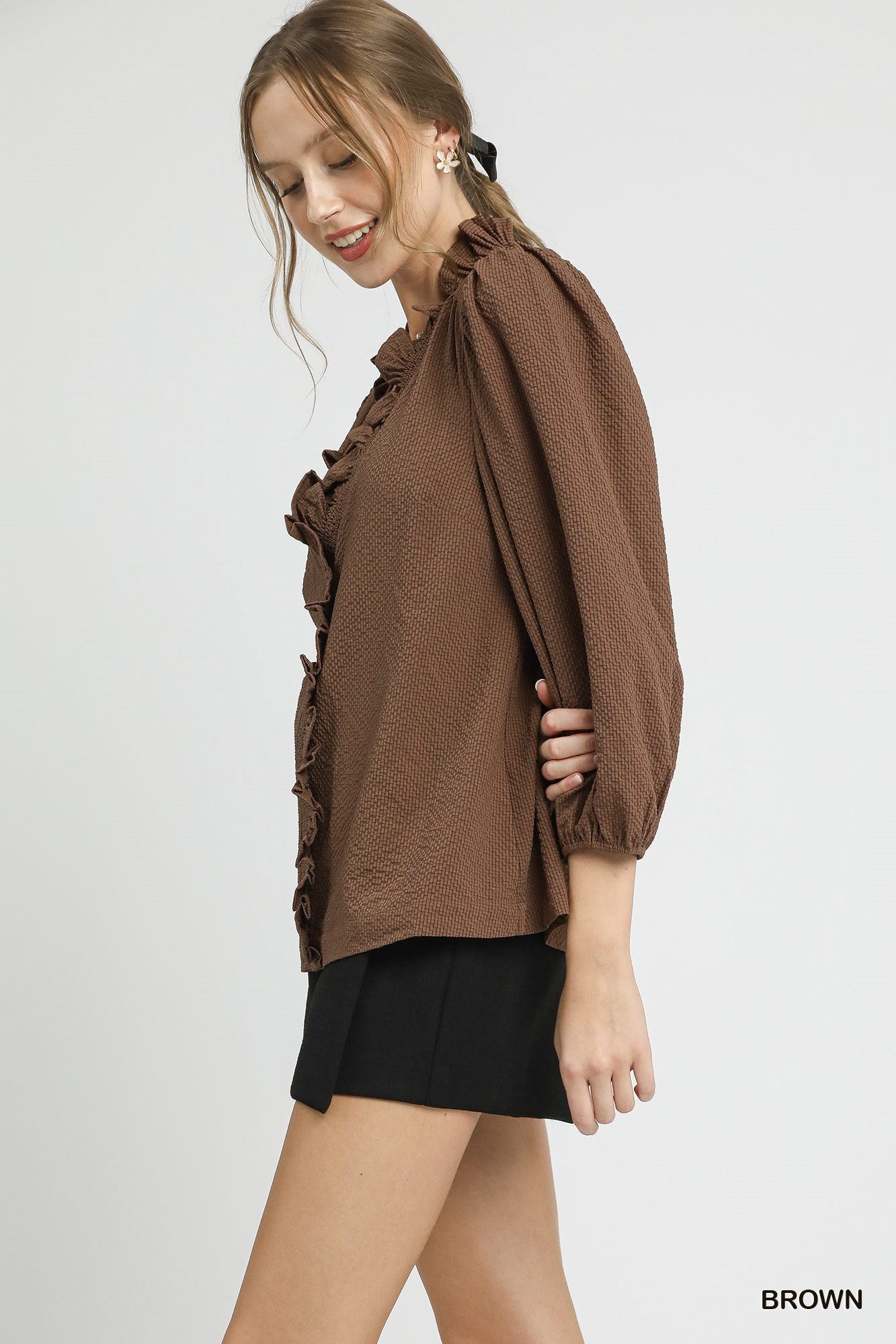 Chocolate Brown Textured Ruffle Trim Blouse