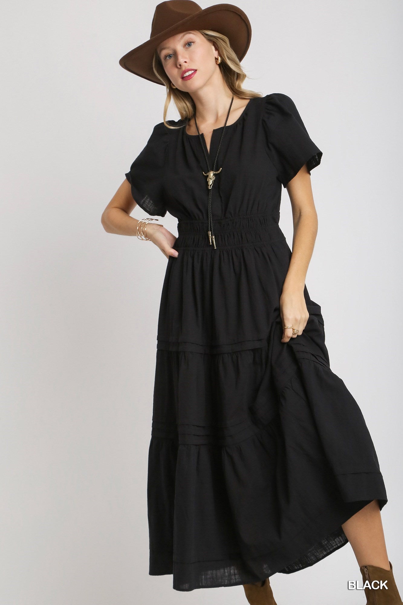 knee length dresses for ladies Black Tiered Maxi Dress w/ Smocked Waistband