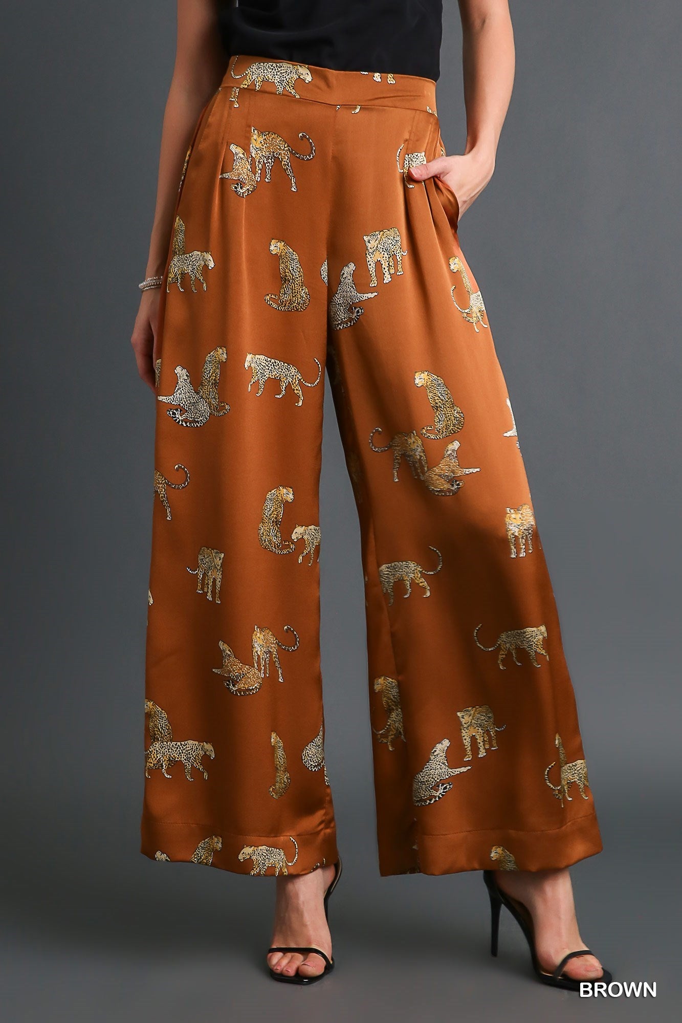 Brown Satin Pants w/ Cheetah Design