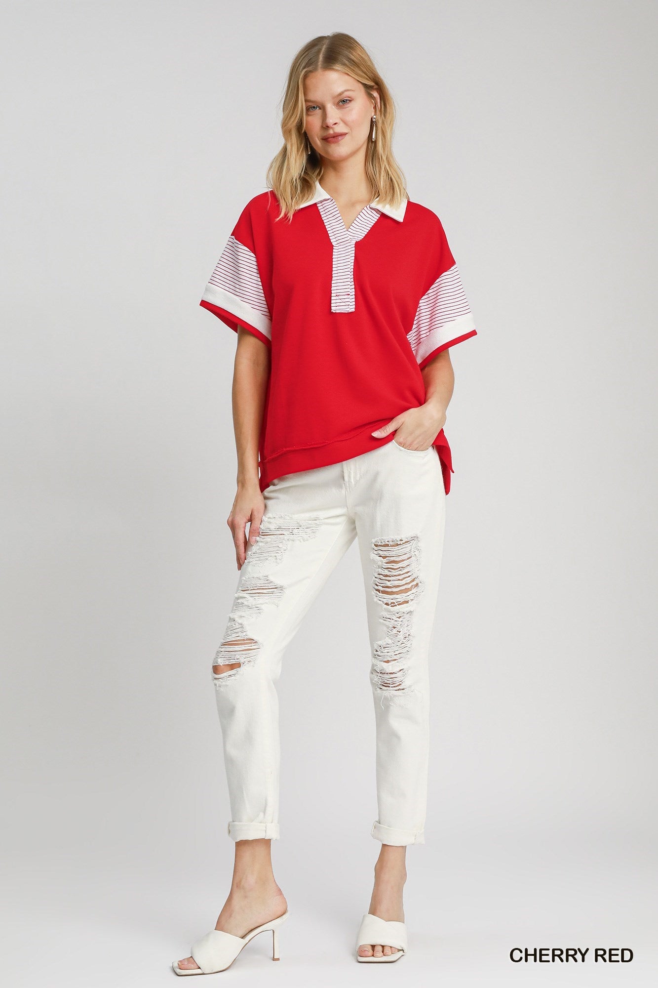 Red Solid & Stripe Contrast French Terry Top