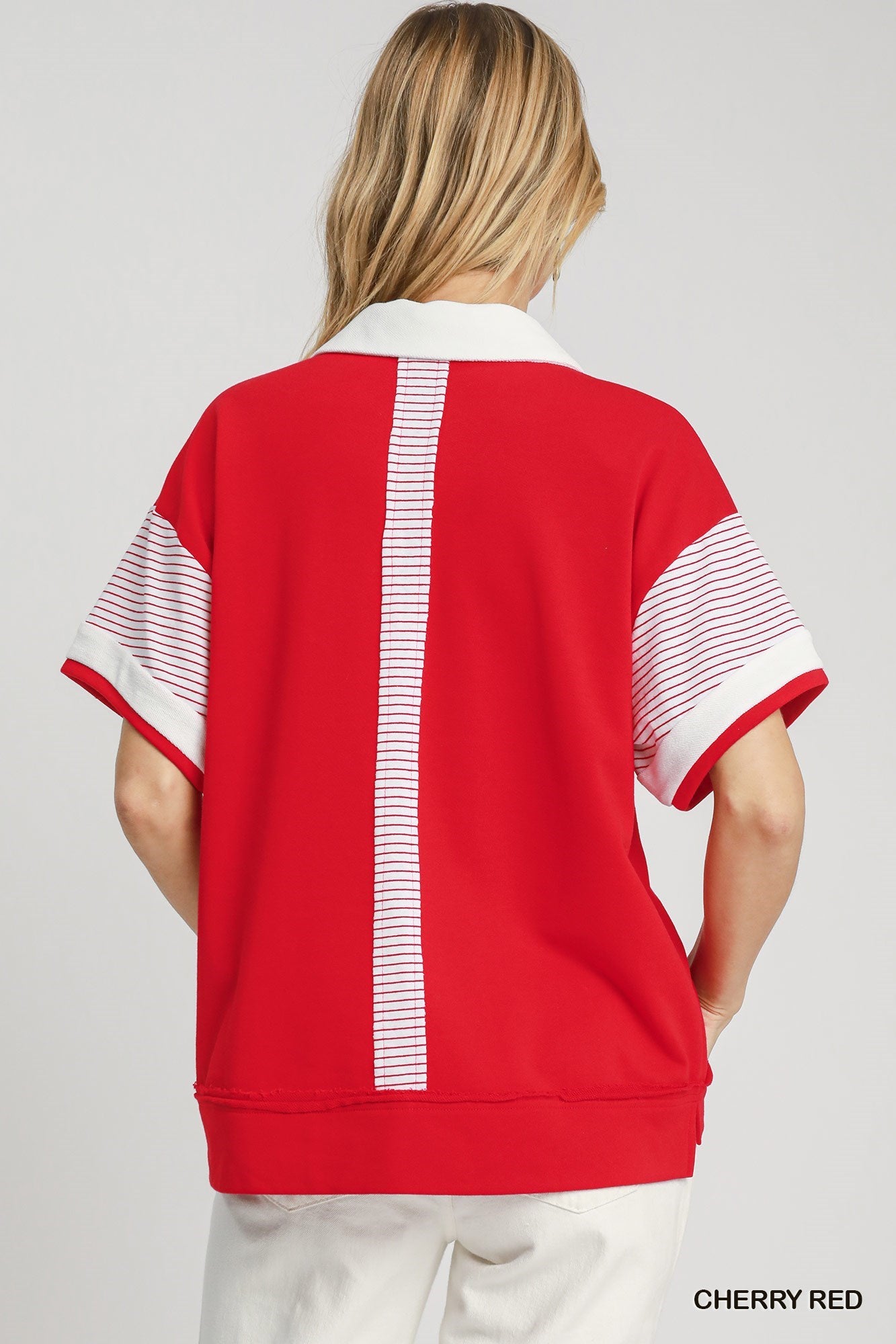 Red Solid & Stripe Contrast French Terry Top