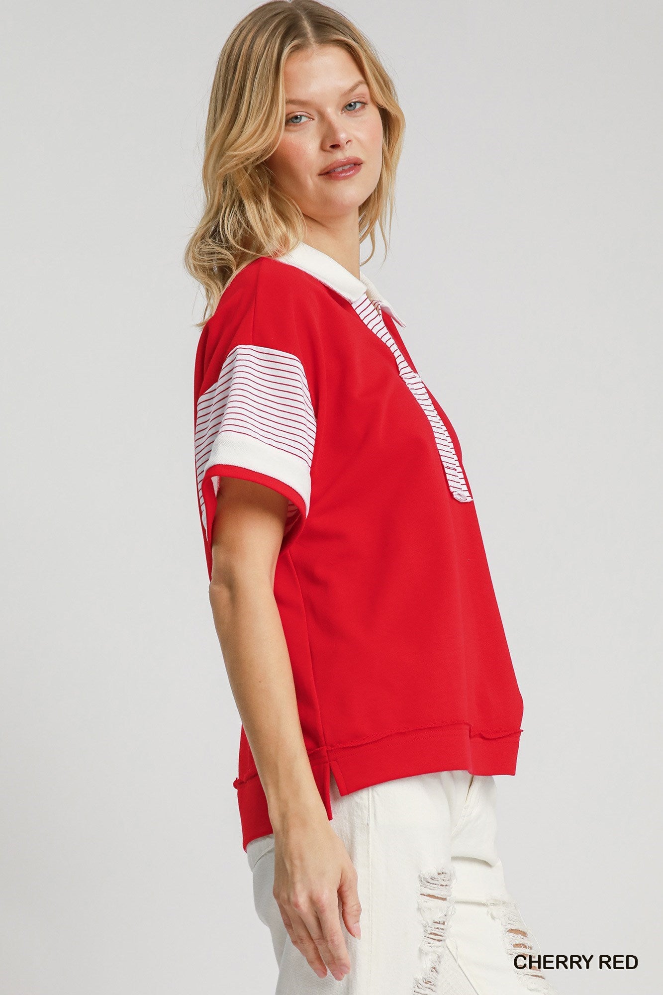 Red Solid & Stripe Contrast French Terry Top