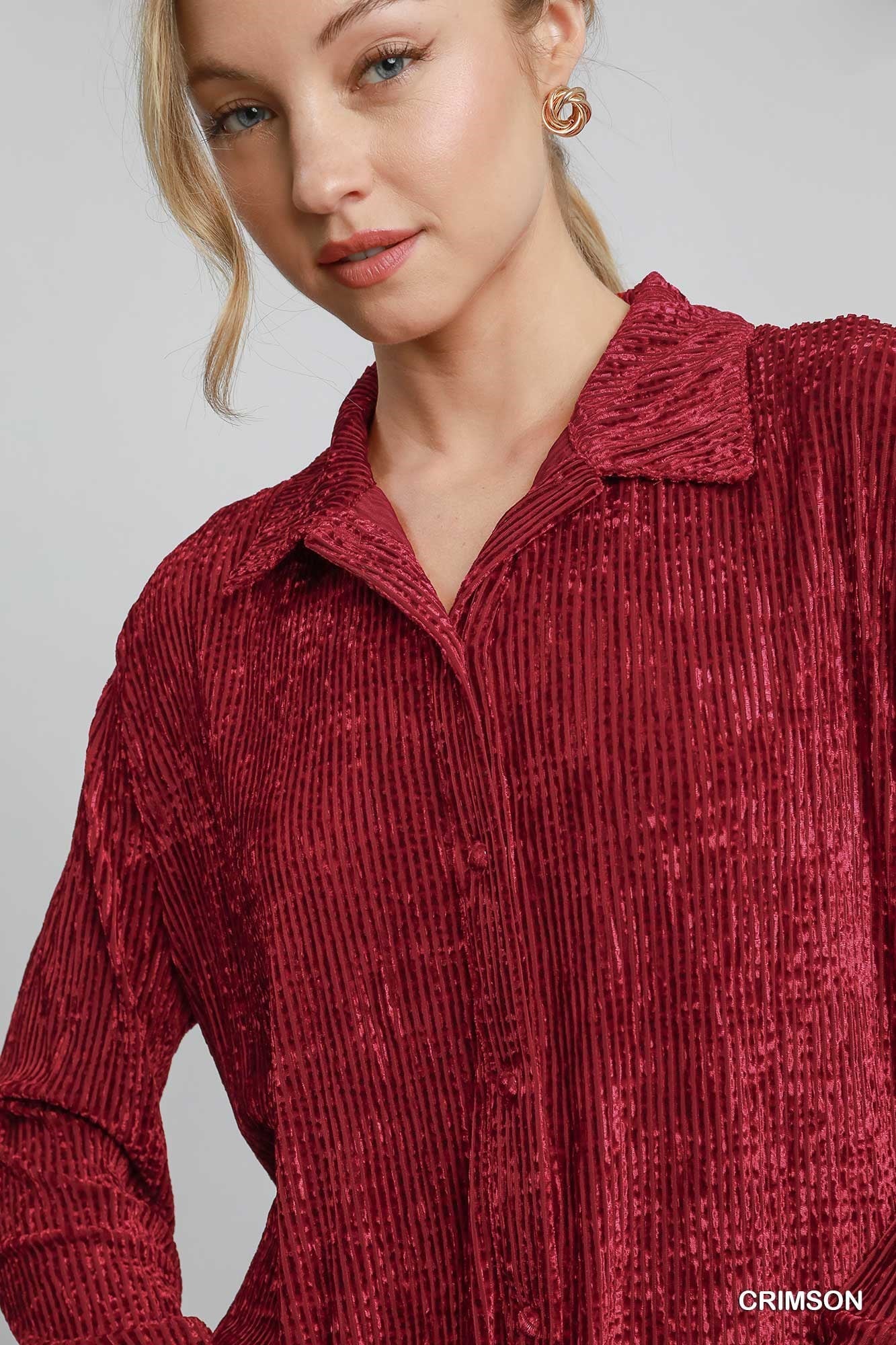 Crimson Red Textured Velvet Button Down Blouse