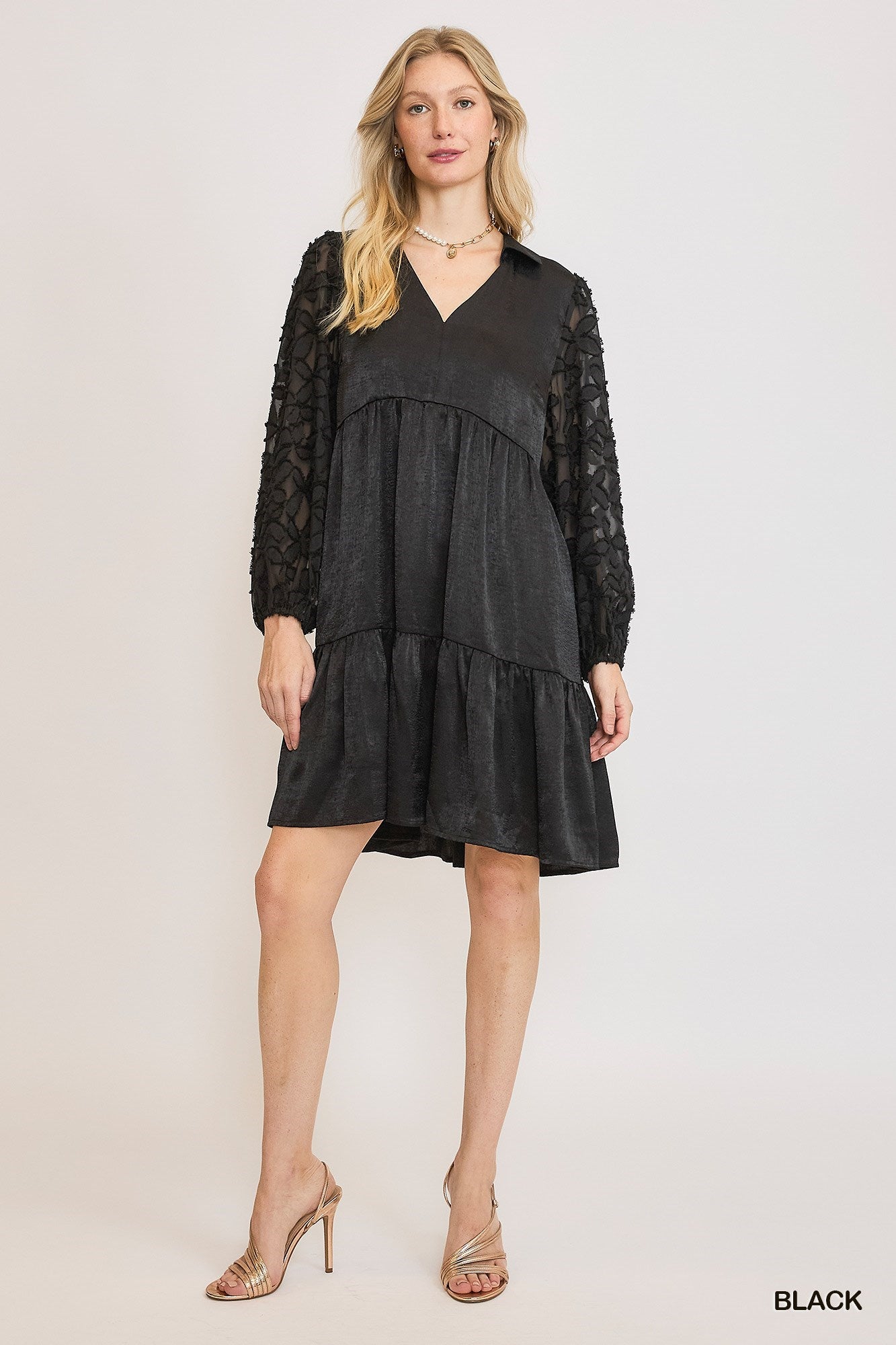 Black Satin V-Neck Mini Dress w/ Burnout Sleeves